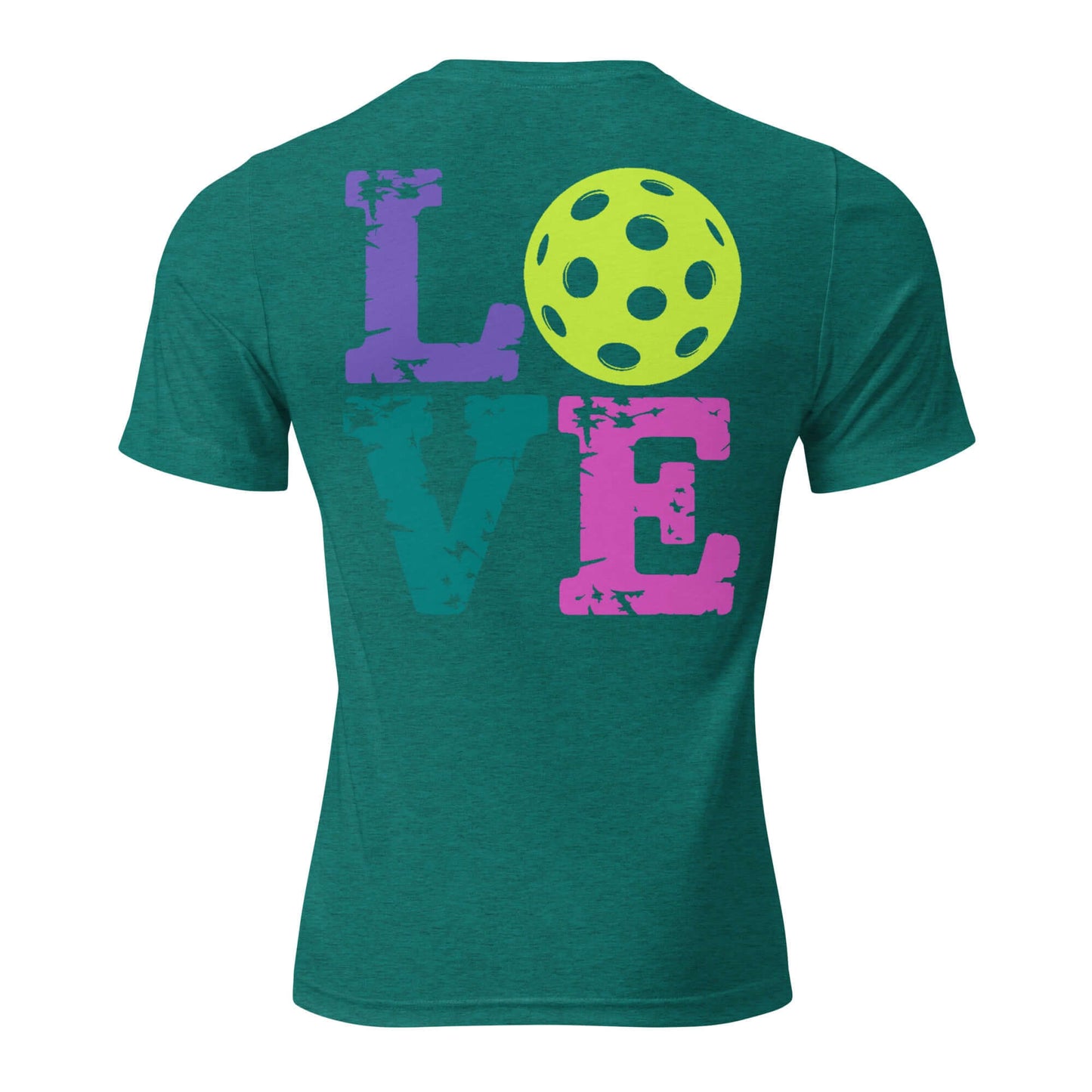 Back view of Women's LOVE Pickleball Short Sleeve Shirt featuring colorful letters and a pickleball design.