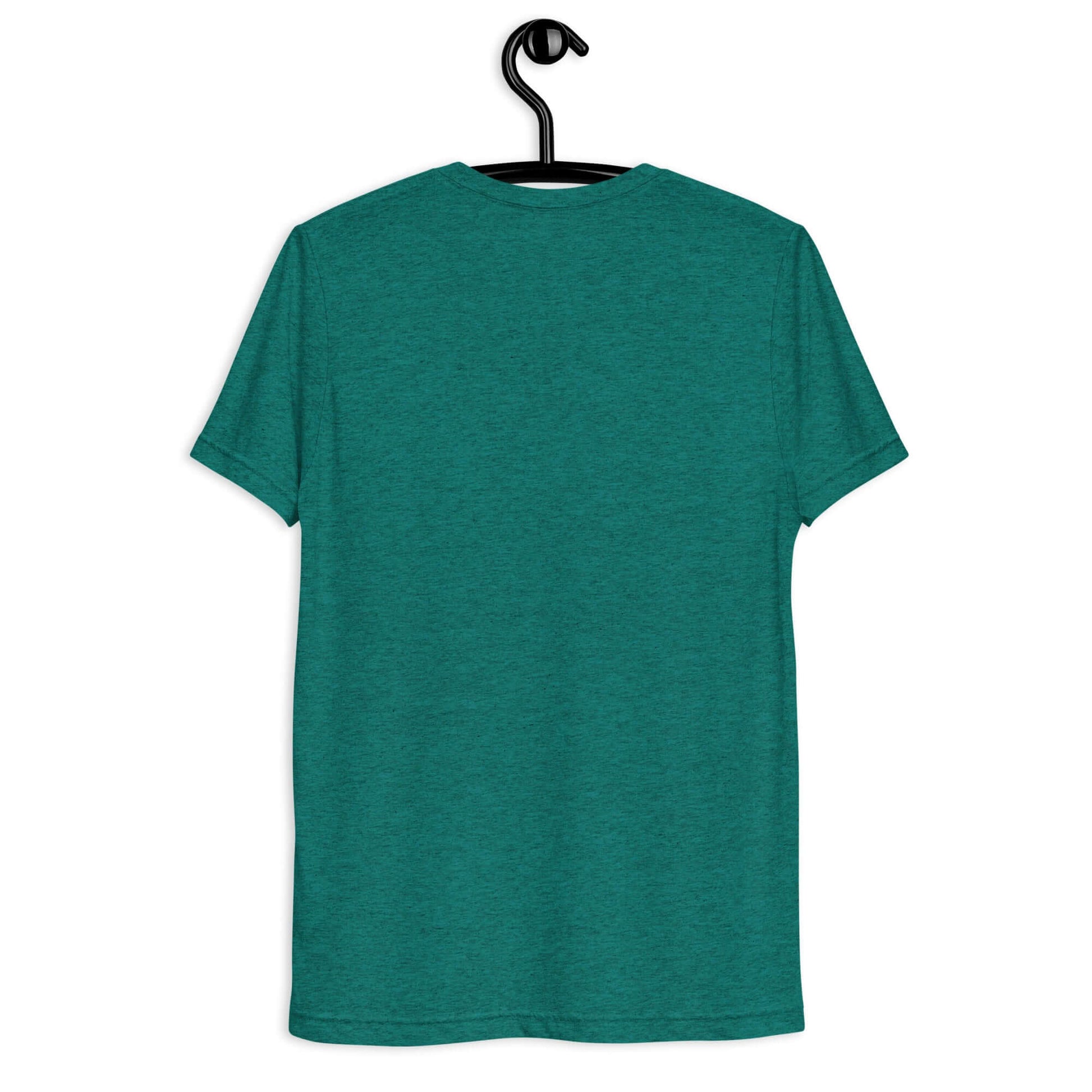 Back view of the Women’s LOVE Pickleball Short Sleeve Shirt in a vibrant teal color on a hanger.