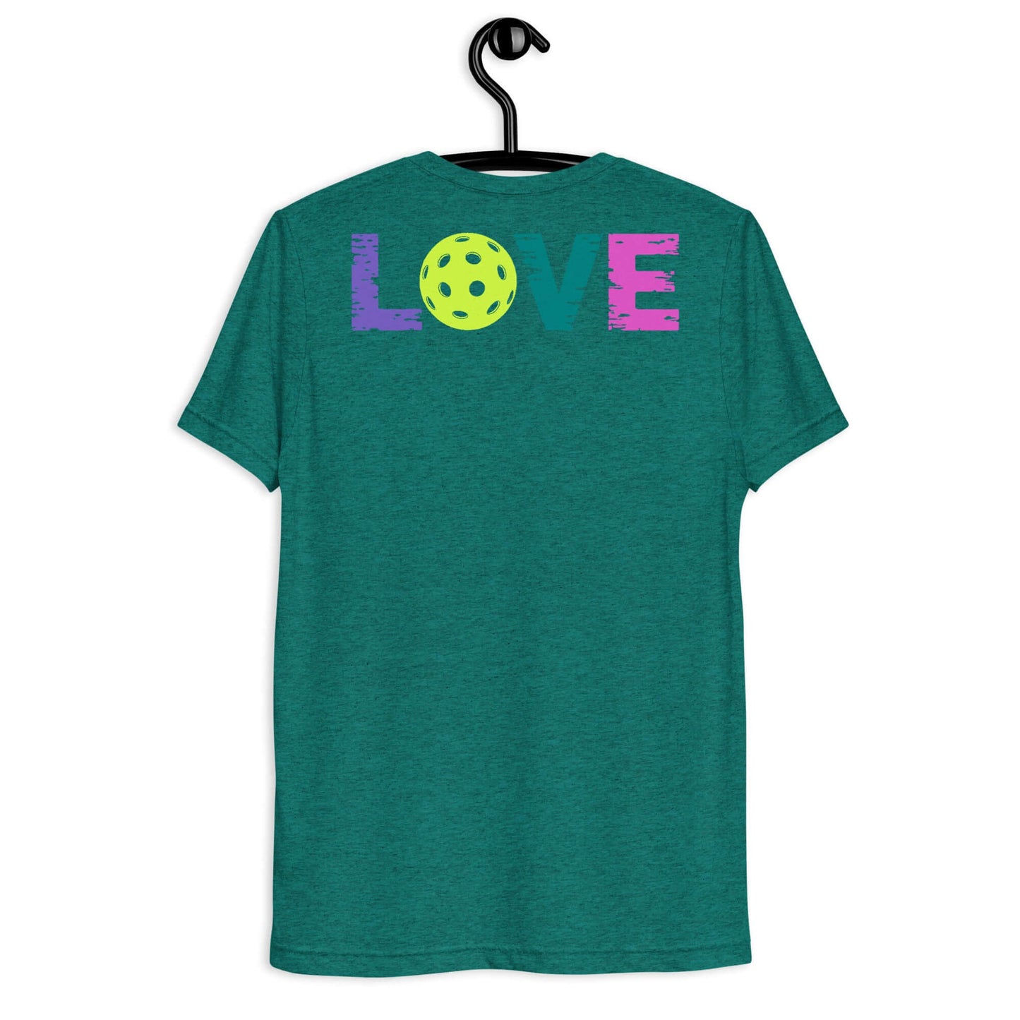 Back view of Women’s LOVE Pickleball Short Sleeve Shirt in teal with colorful LOVE and a pickleball graphic.