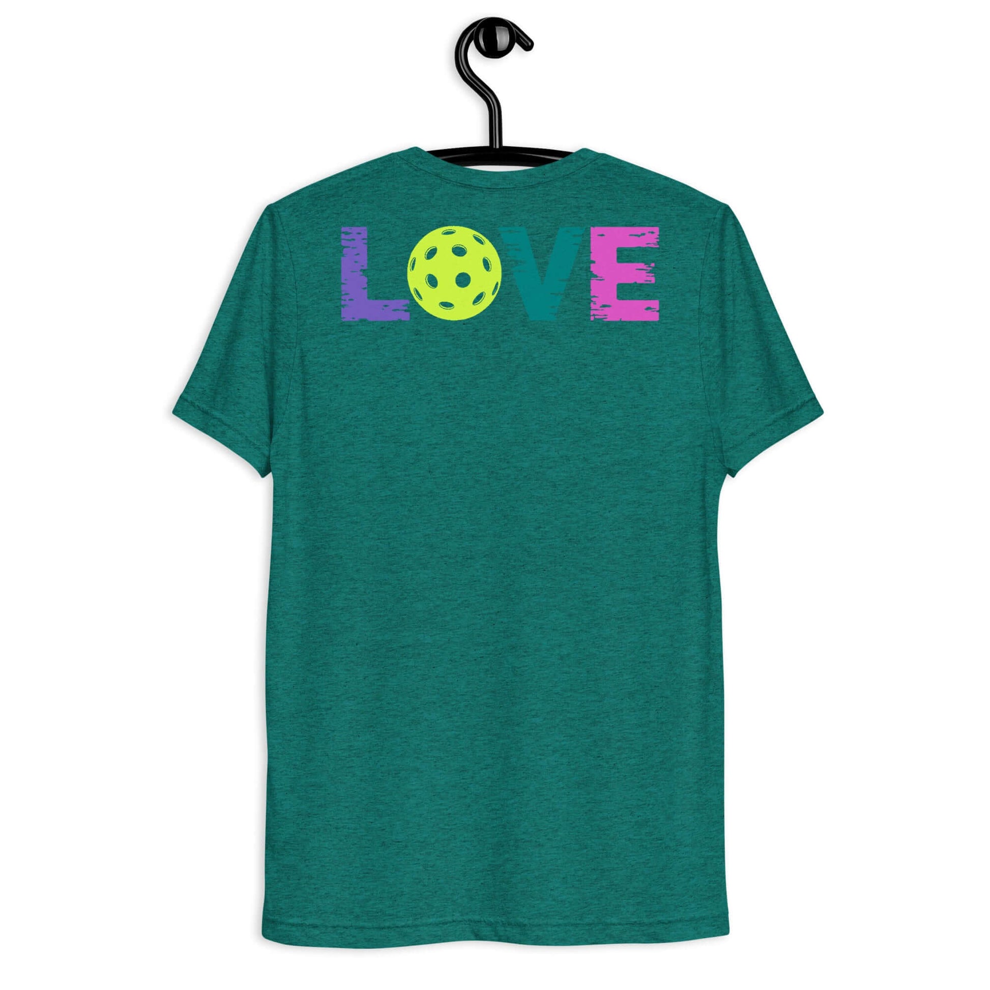 Back view of Women’s LOVE Pickleball Short Sleeve Shirt in teal with colorful LOVE and a pickleball graphic.