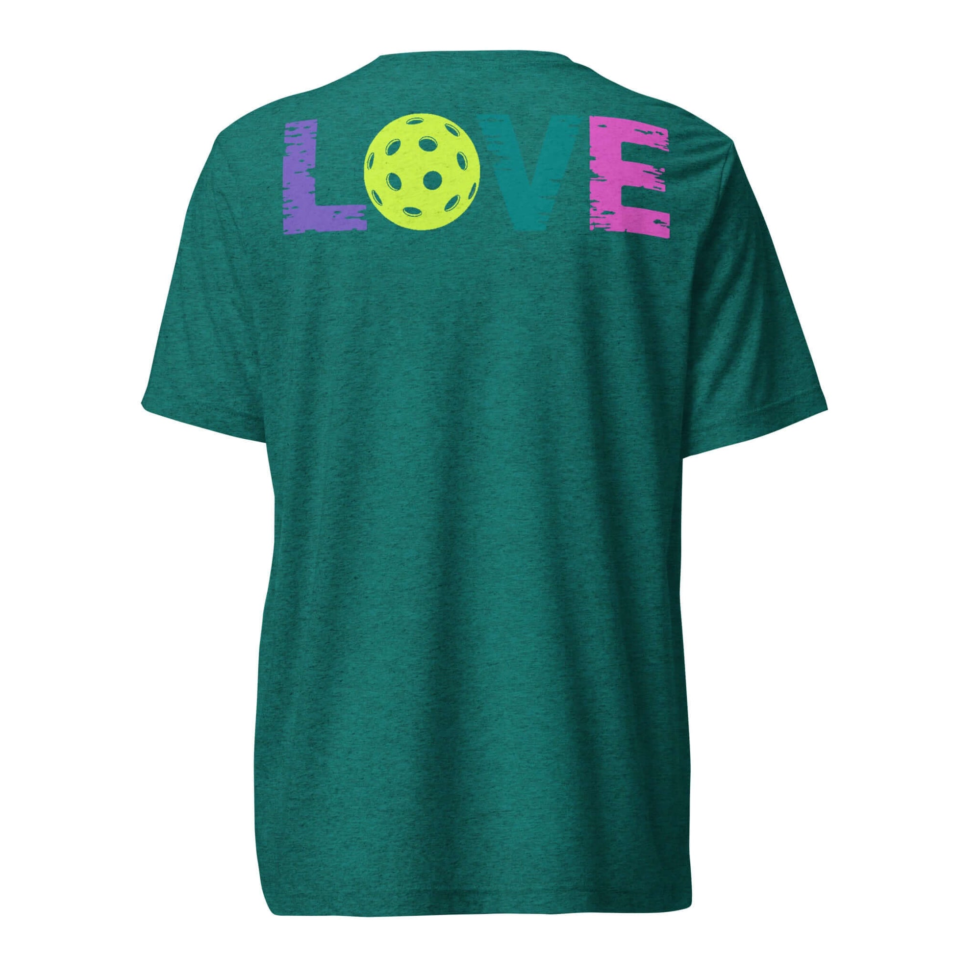 Back view of Women’s LOVE Pickleball Short Sleeve Shirt with colorful text and pickleball graphic on a teal background.