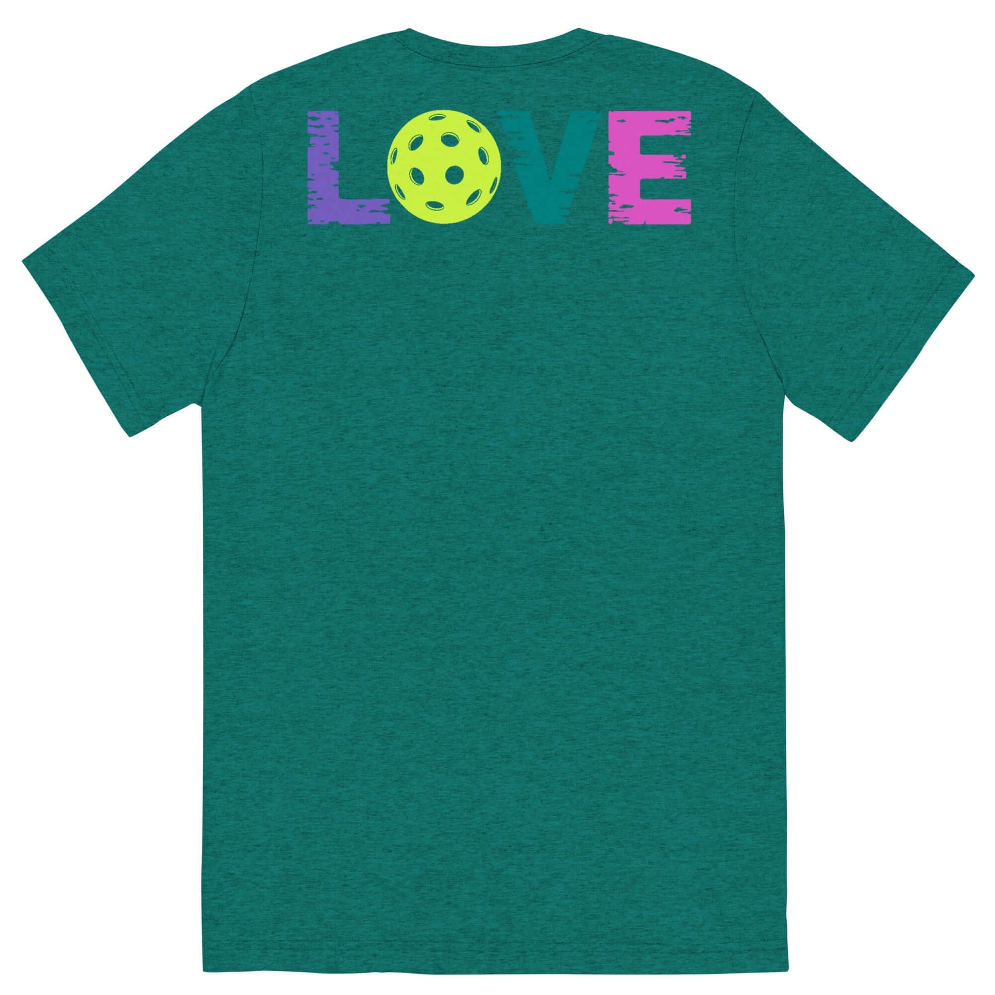 Women's LOVE Pickleball Short Sleeve Shirt in teal with colorful graphic design on back.