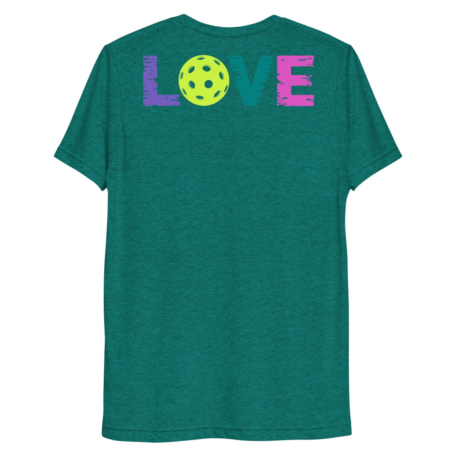 Back view of Women’s LOVE Pickleball Short Sleeve Shirt with colorful 'LOVE' and pickleball design.