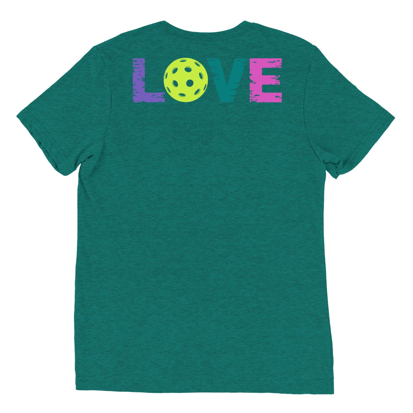 Back view of teal Women’s LOVE Pickleball Short Sleeve Shirt featuring colorful 'LOVE' text and a pickleball graphic.