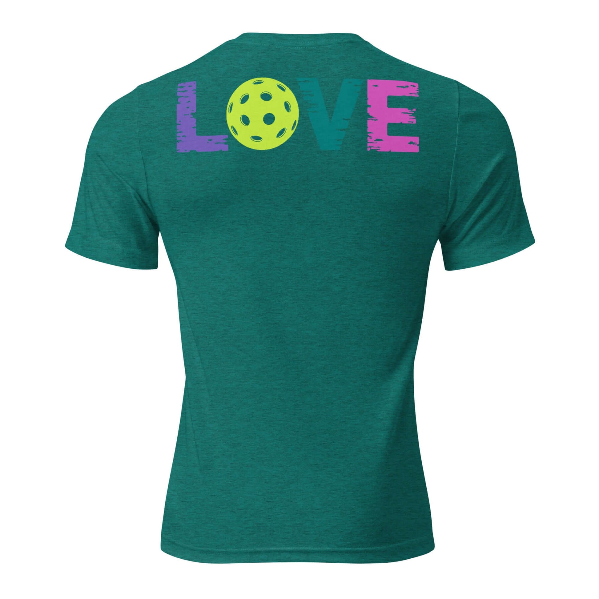 Back view of Women’s LOVE Pickleball Short Sleeve Shirt featuring colorful 'LOVE' and a pickleball graphic.