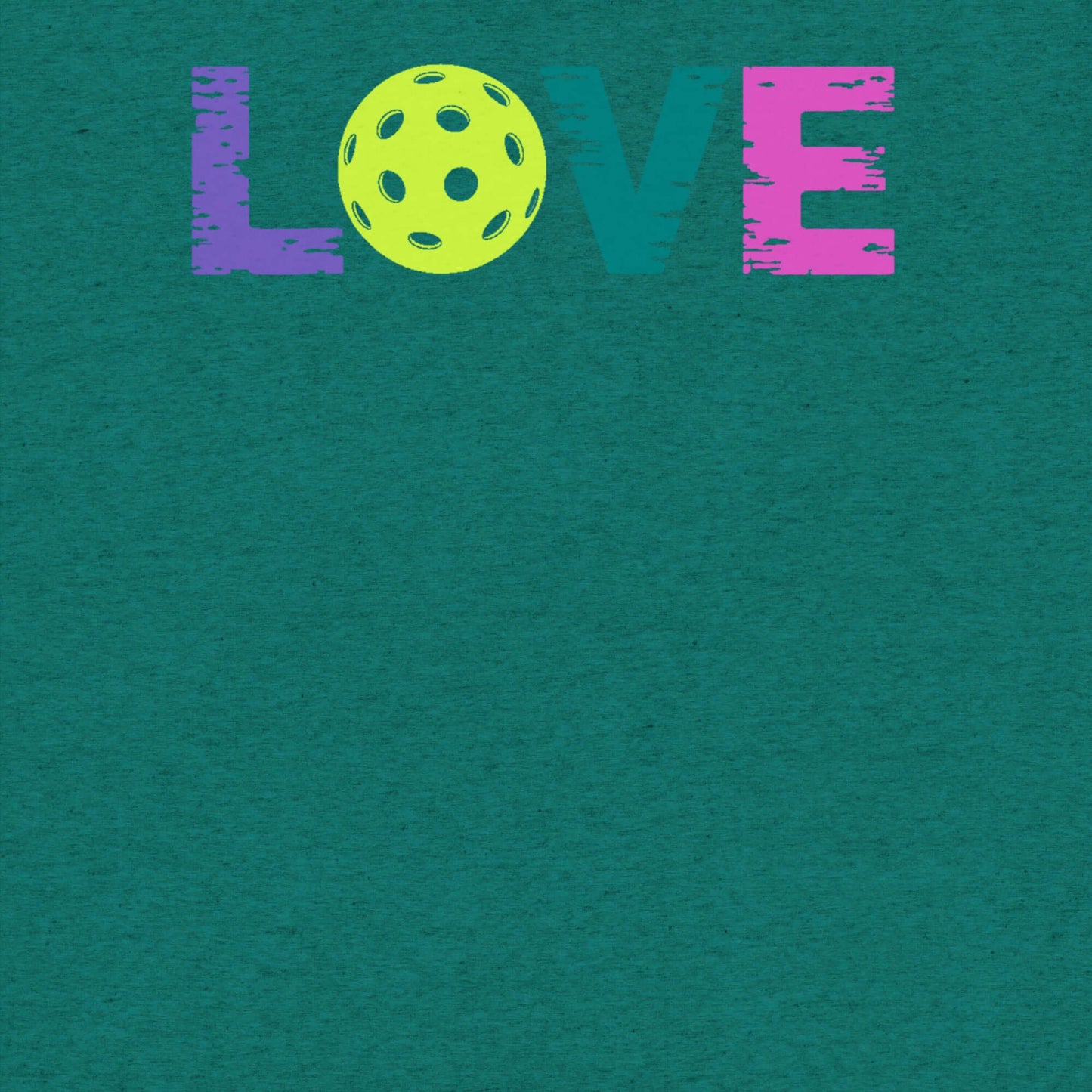 Colorful design featuring the word 'LOVE' with a yellow pickleball, perfect for women's pickleball shirts.