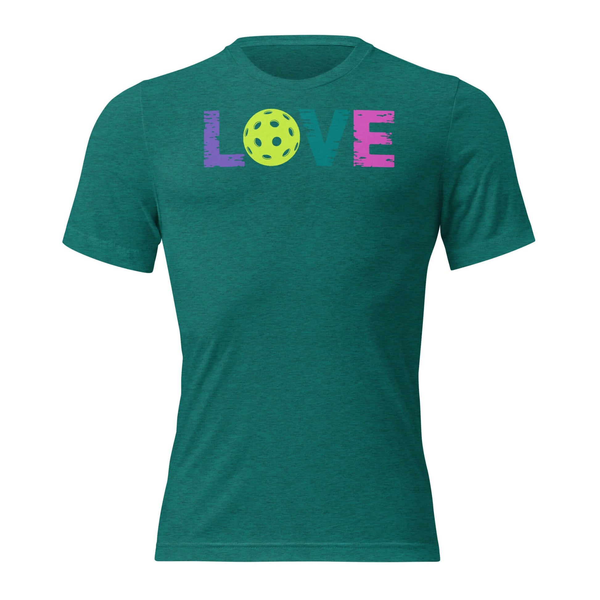 Women’s LOVE Pickleball Short Sleeve Shirt in teal with colorful 'LOVE' and a pickleball graphic