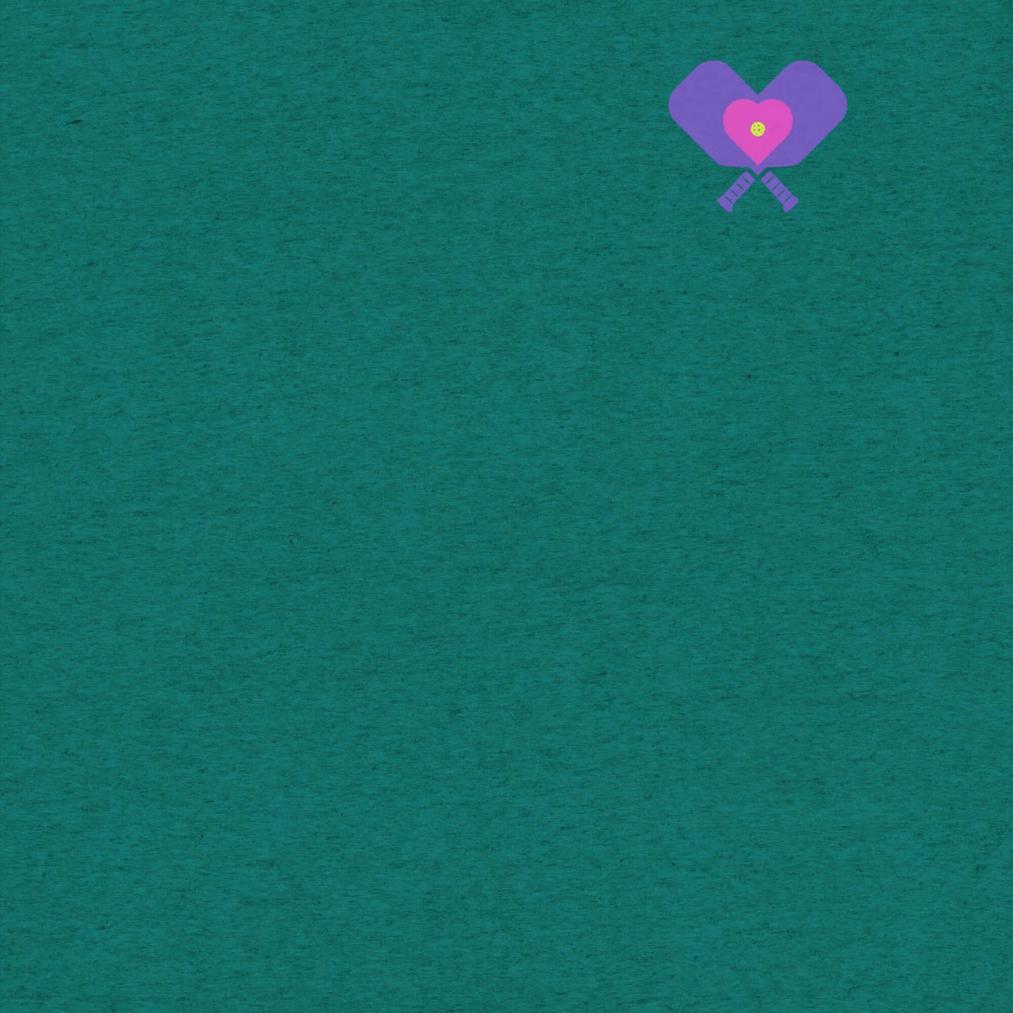 Graphic design featuring a teal background with a purple and pink heart-shaped pickleball paddle logo.