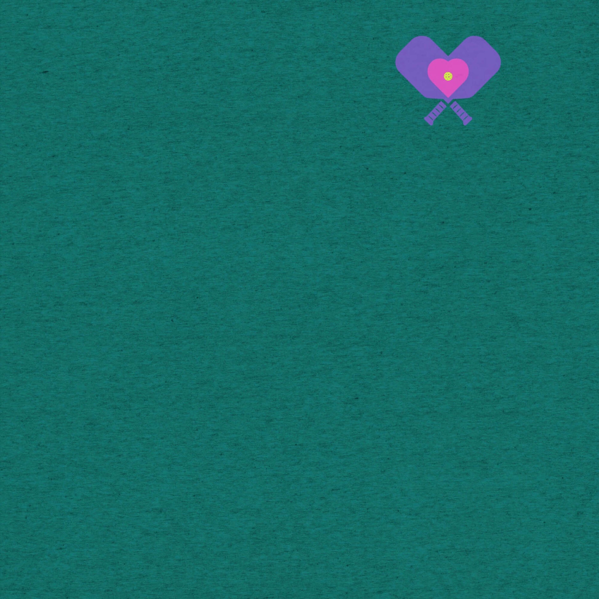 Graphic design featuring a teal background with a purple and pink heart-shaped pickleball paddle logo.