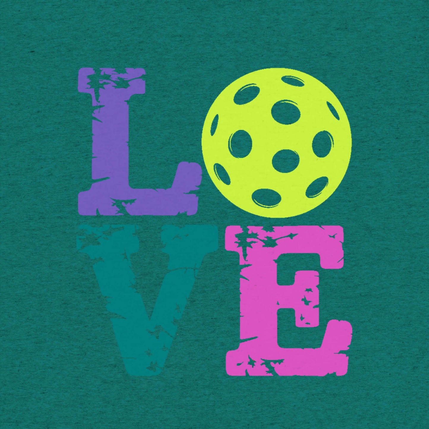 Graphic design features the word 'LOVE' with a pickleball, bold colors on a teal background.