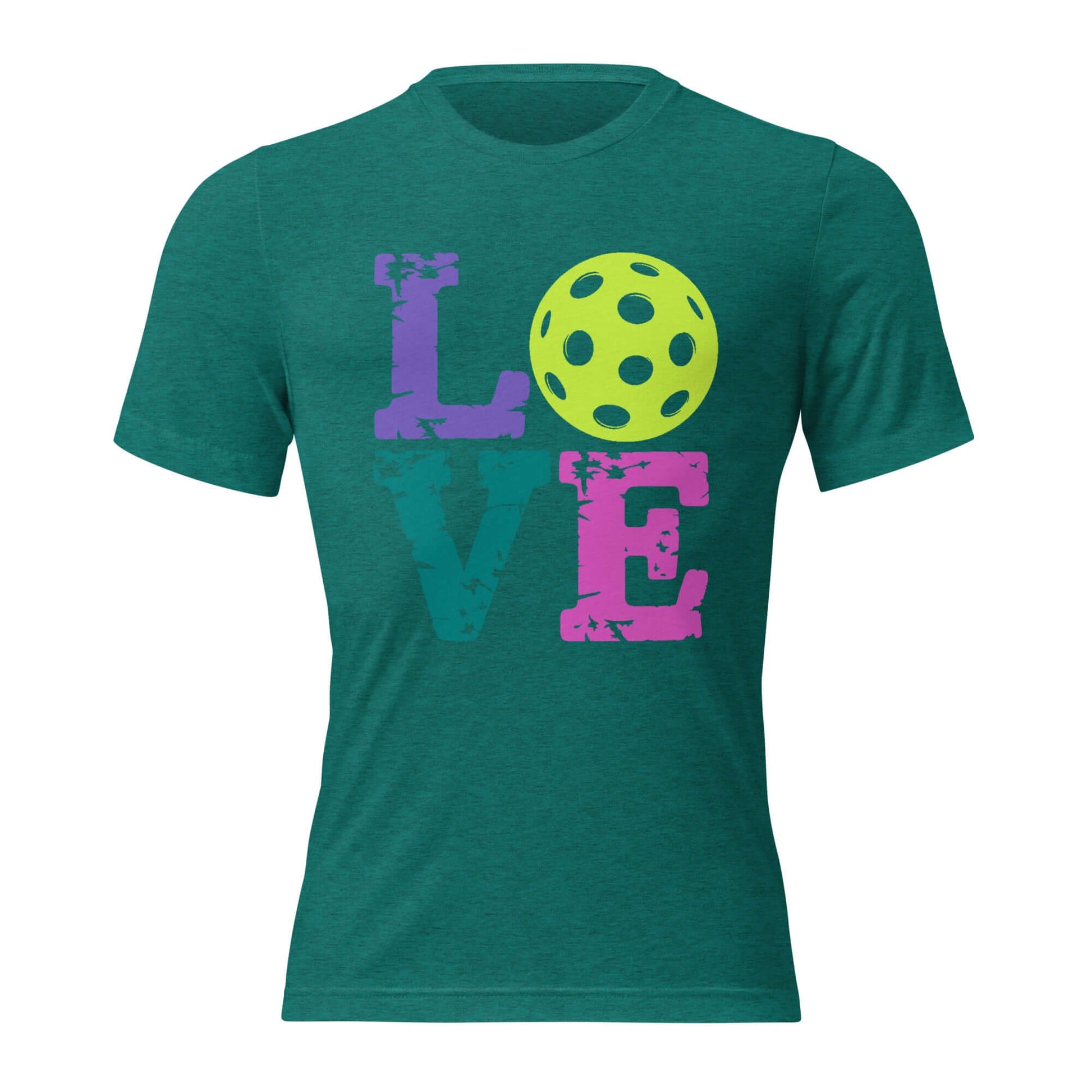 Women’s LOVE Pickleball Short Sleeve Shirt with colorful graphic design and pickleball icon.