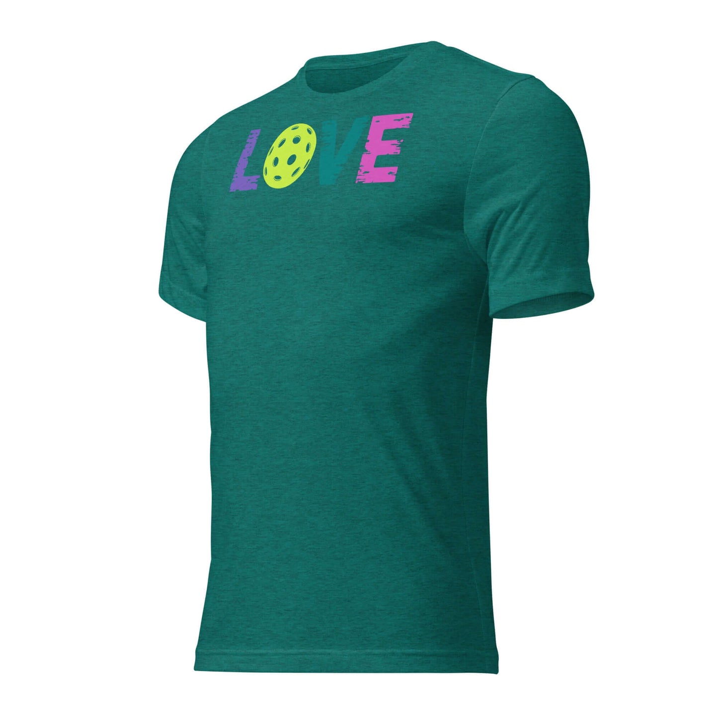 Teal women's short sleeve shirt featuring colorful 'LOVE' design and pickleball graphic for sporty wear.