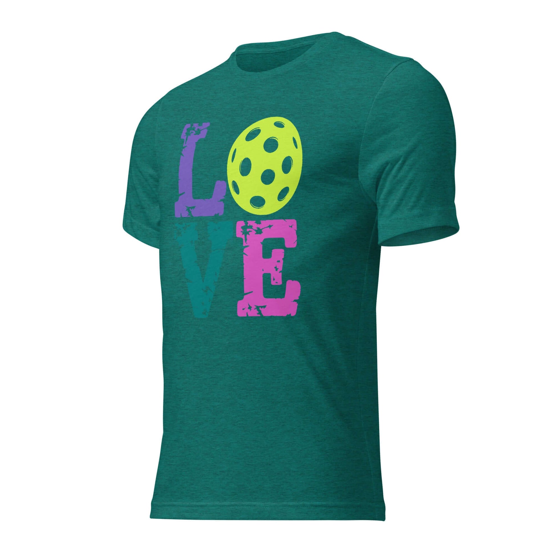 Women’s LOVE Pickleball Short Sleeve Shirt in teal with colorful graphic design, perfect for pickleball enthusiasts.