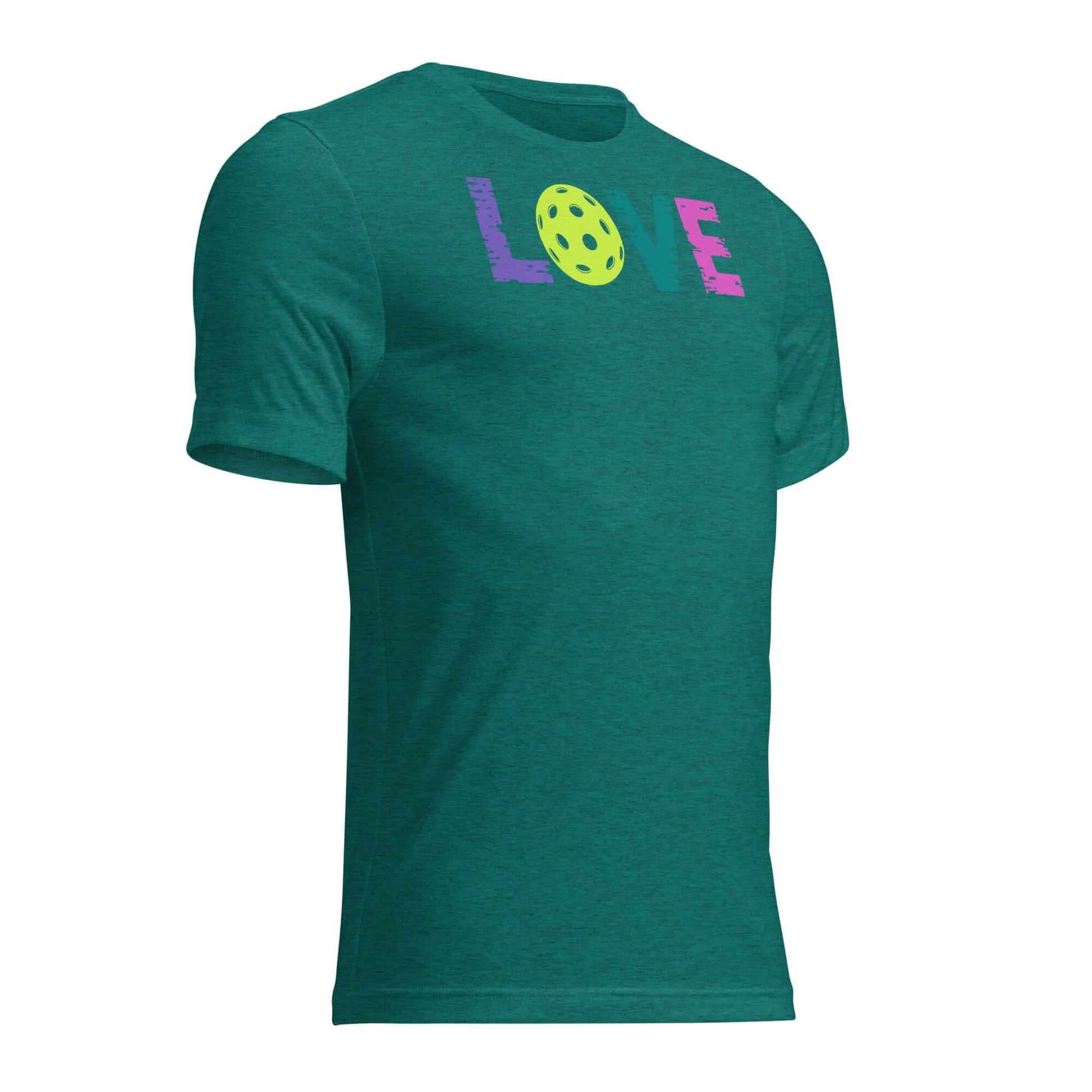 Women’s LOVE Pickleball Short Sleeve Shirt in teal with vibrant LOVE graphic and pickleball design.