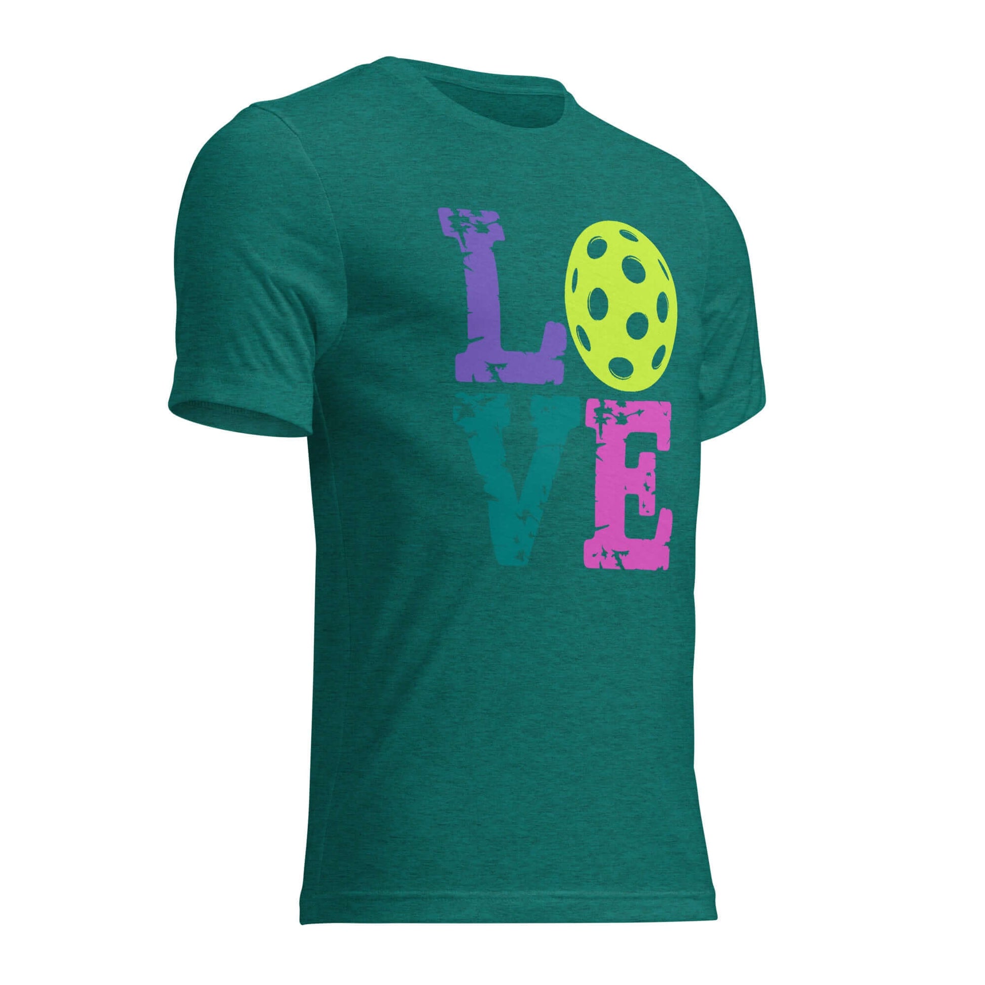 Women’s LOVE Pickleball Short Sleeve Shirt in green with colorful graphic design