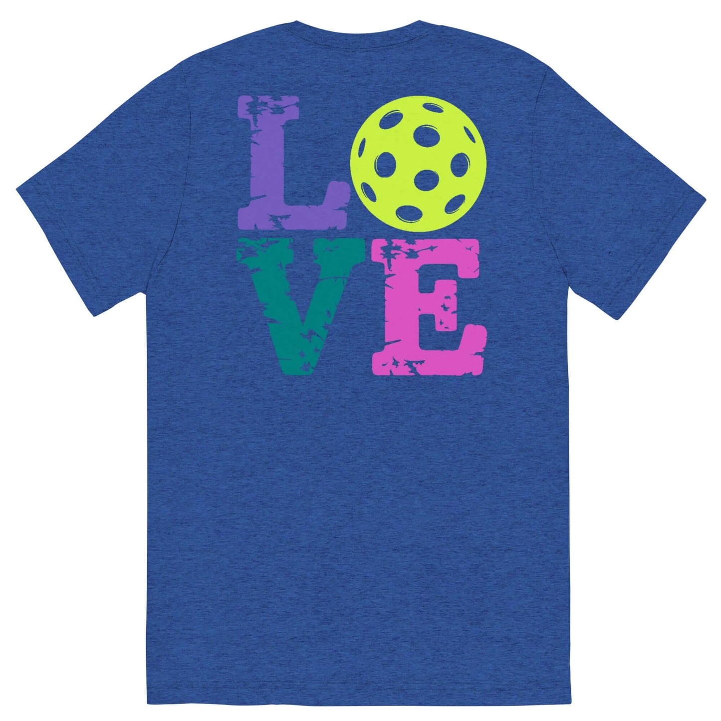 Back view of women's blue short sleeve shirt with colorful 'LOVE' text and pickleball graphic.