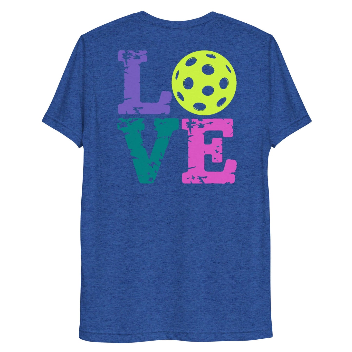 Women’s LOVE Pickleball Short Sleeve Shirt featuring colorful LOVE letters and a pickleball graphic on a blue background.