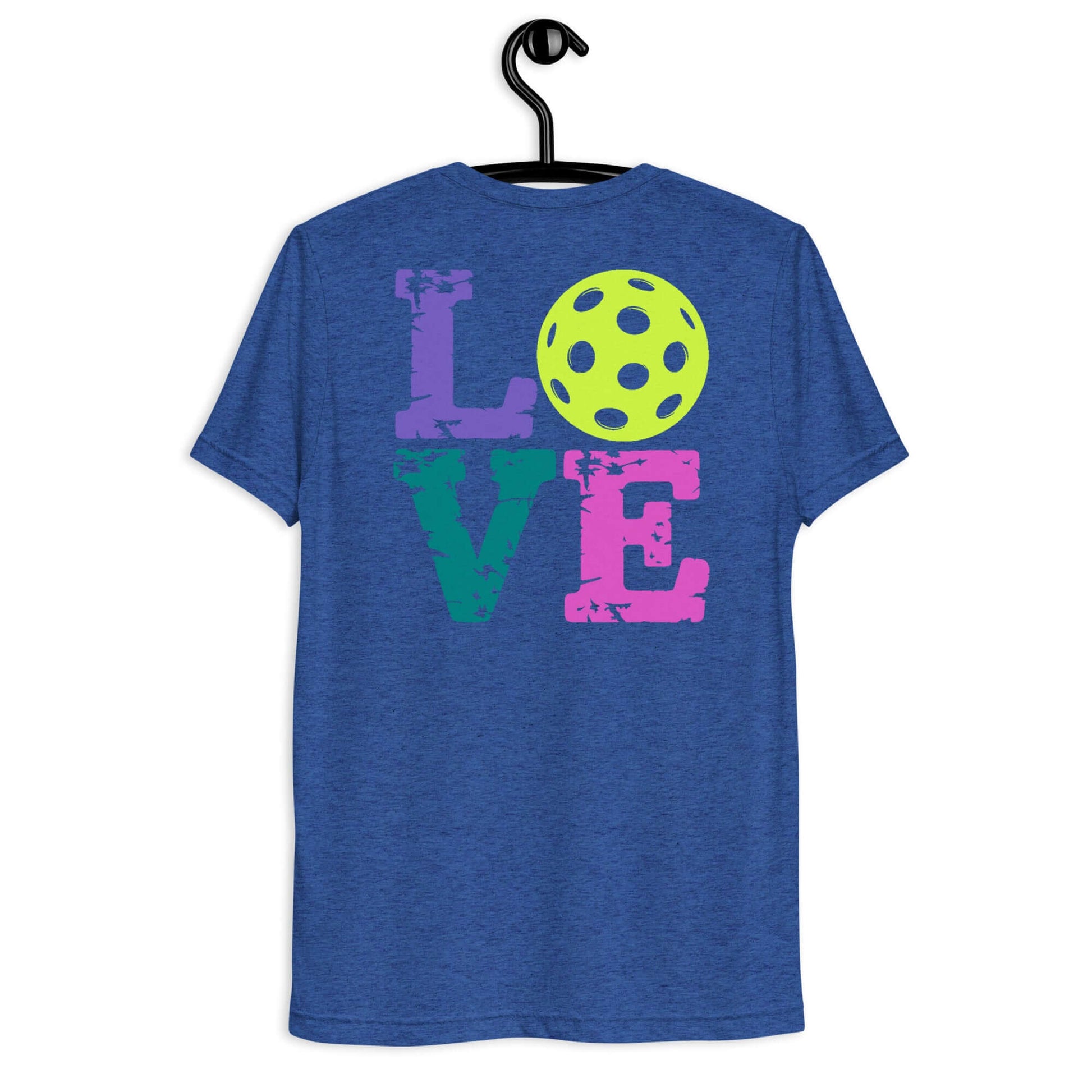 Back view of Women's LOVE Pickleball Short Sleeve Shirt in blue, featuring colorful 'LOVE' text and a pickleball graphic.