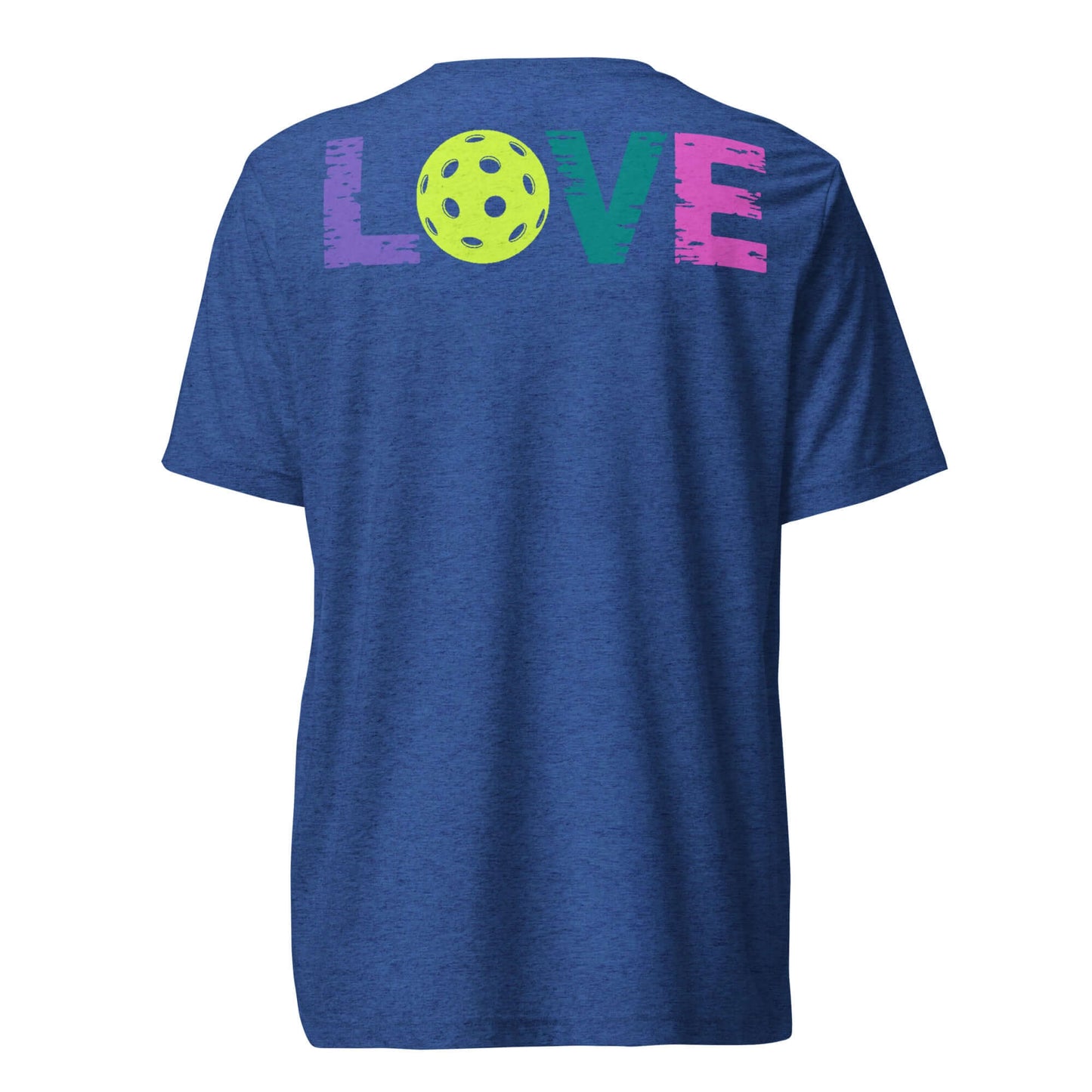 Back view of a women's blue short sleeve shirt with colorful 'LOVE' and a pickleball graphic.