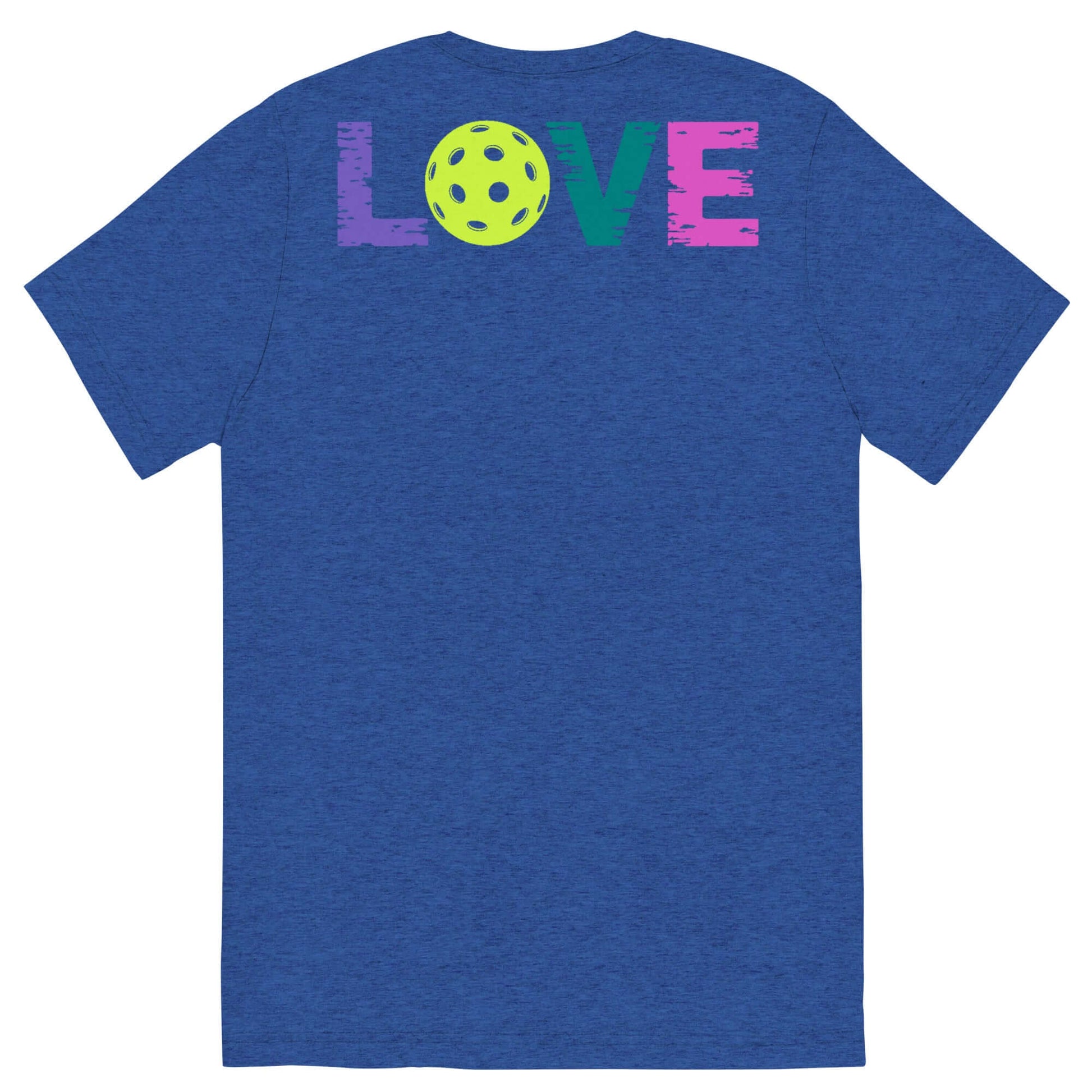 Back view of Women’s LOVE Pickleball Short Sleeve Shirt featuring colorful LOVE text and a pickleball design on blue fabric.