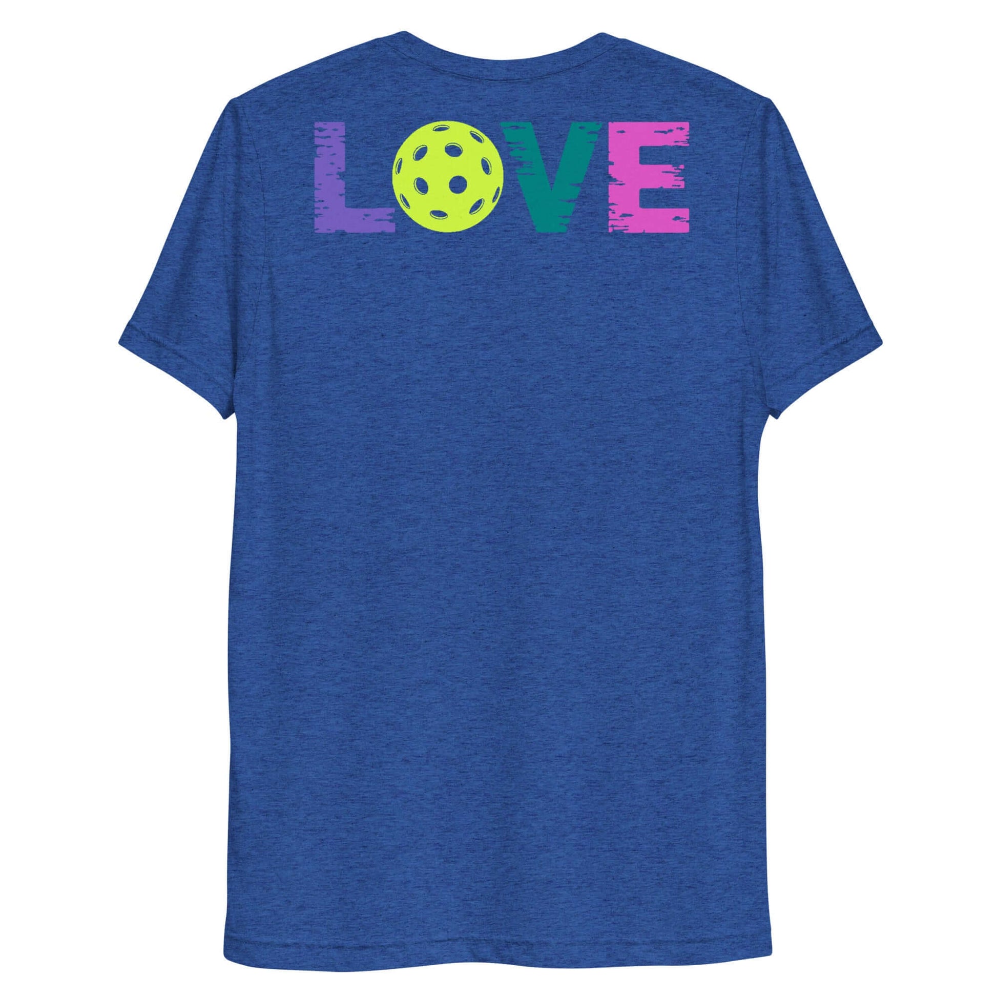 Back view of blue Women’s LOVE Pickleball Short Sleeve Shirt featuring colorful 'LOVE' text and a pickleball graphic.