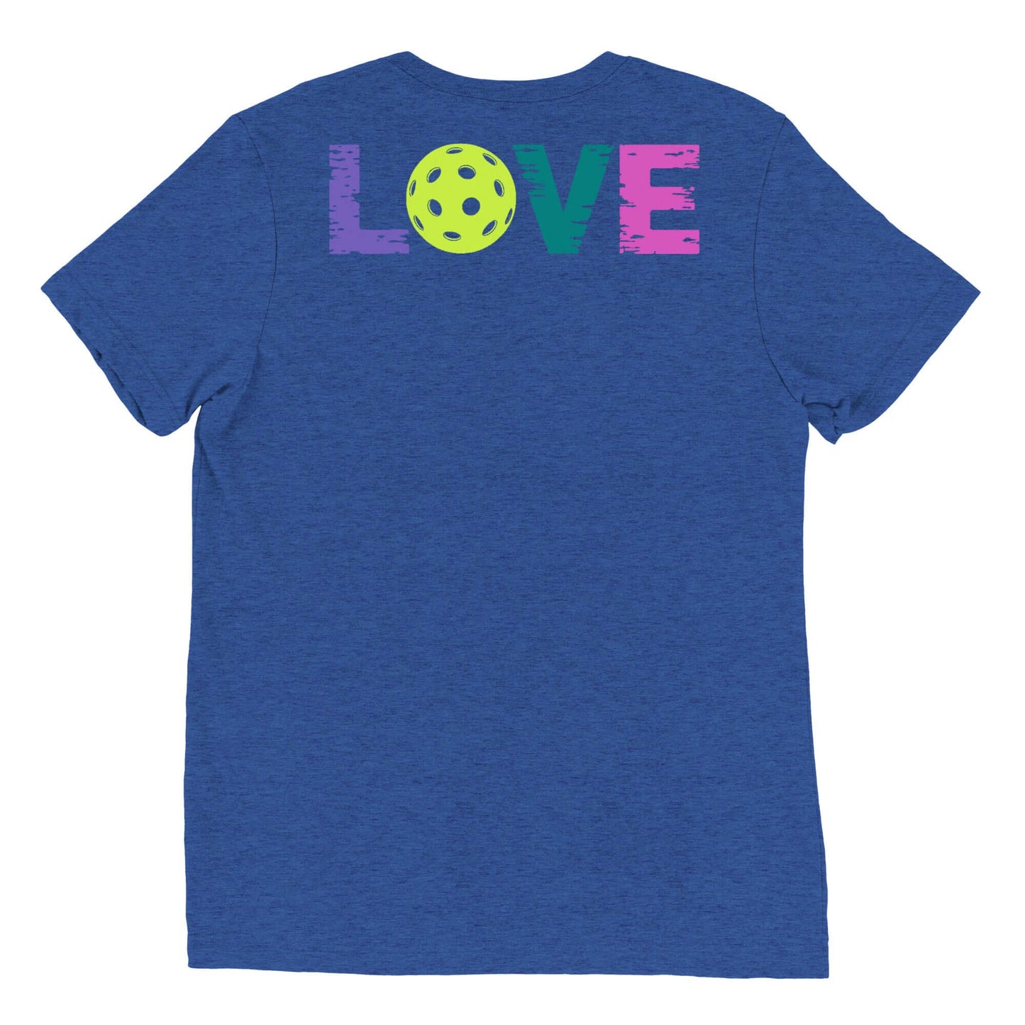 Back view of Women’s LOVE Pickleball Short Sleeve Shirt featuring bold 'LOVE' text and a pickleball graphic.