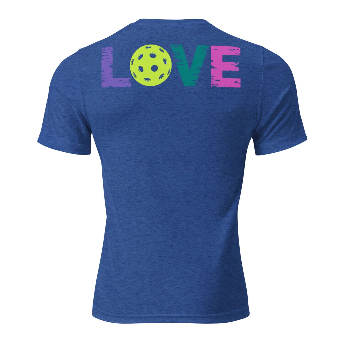 Back view of Women's LOVE Pickleball Short Sleeve Shirt featuring colorful lettering and a pickleball graphic.