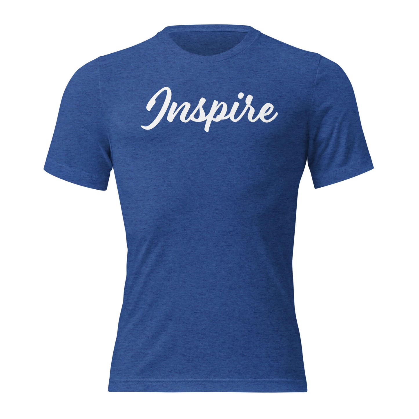 Women's blue 'Inspire' script T-shirt showcasing positive motivation and inner strength.