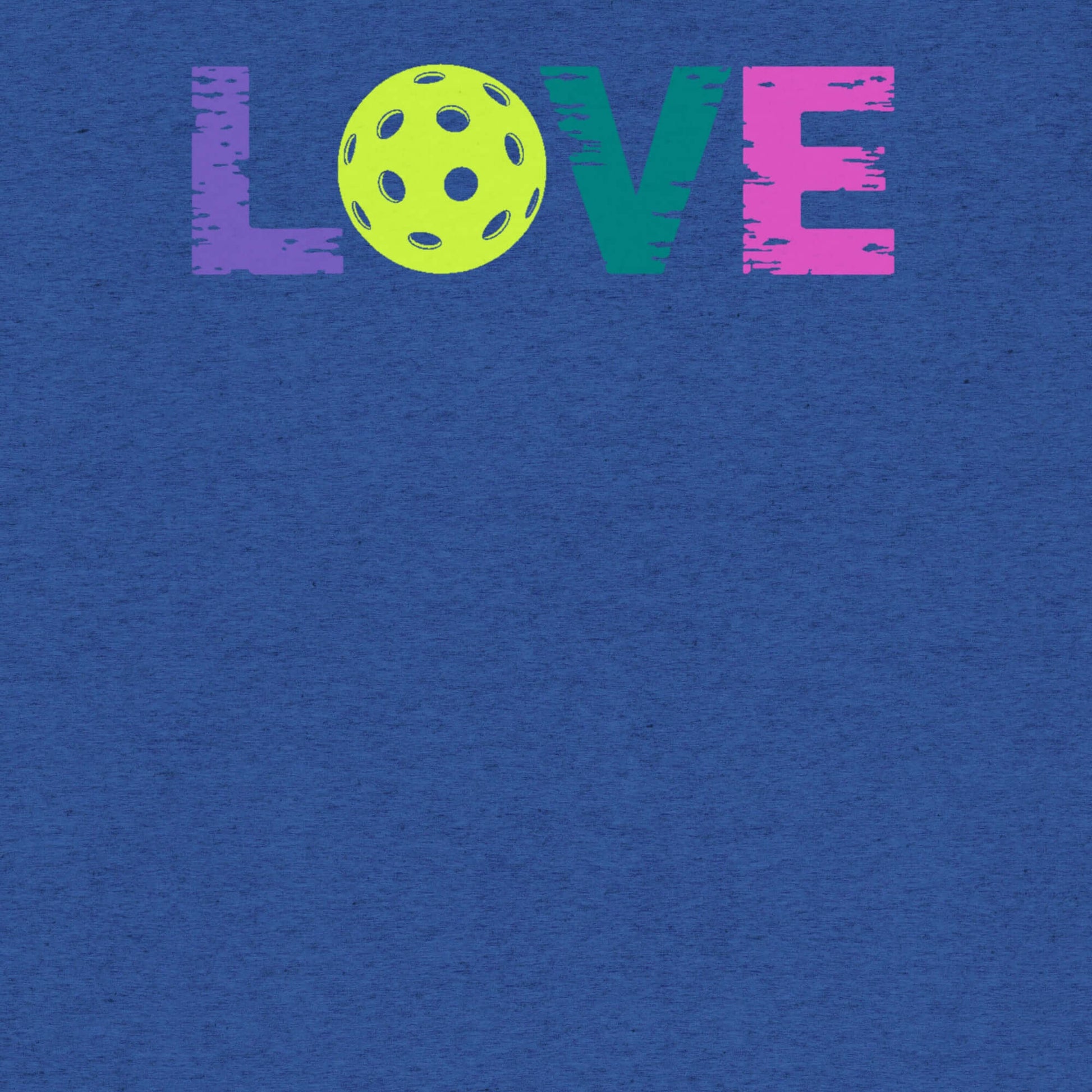 Blue short sleeve shirt with colorful text 'LOVE' and a pickleball graphic for pickleball enthusiasts.