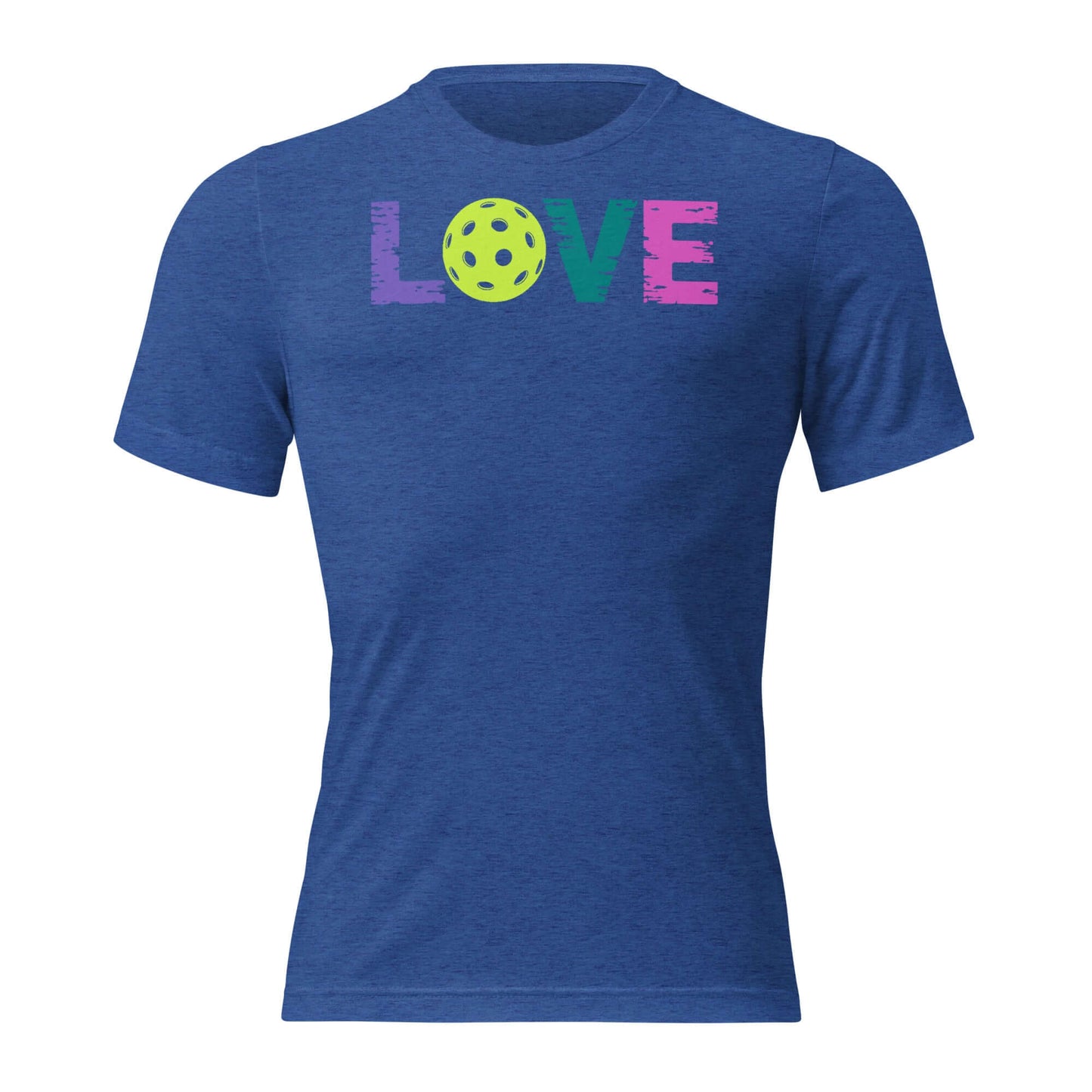 Women's LOVE Pickleball Short Sleeve Shirt in blue with colorful print, perfect for on and off the court.