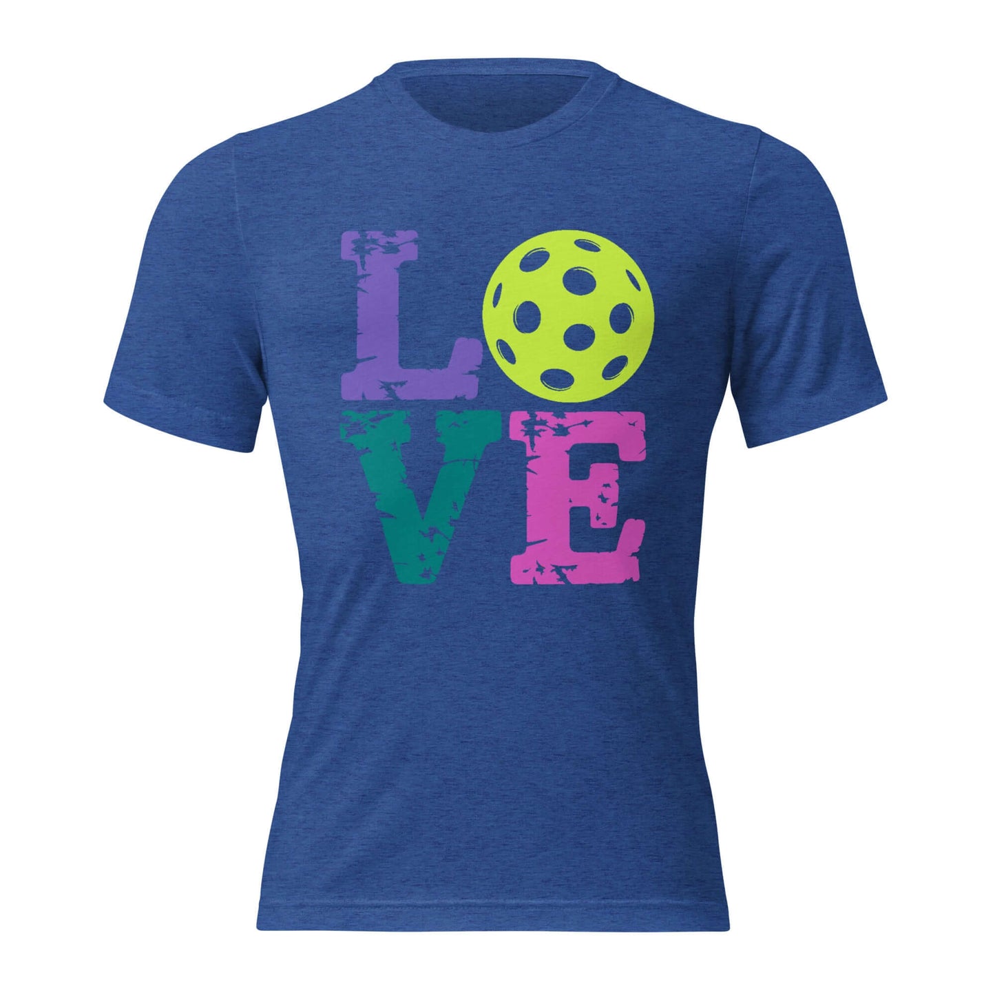 Blue short sleeve shirt featuring 'LOVE' graphic and a pickleball for pickleball enthusiasts.