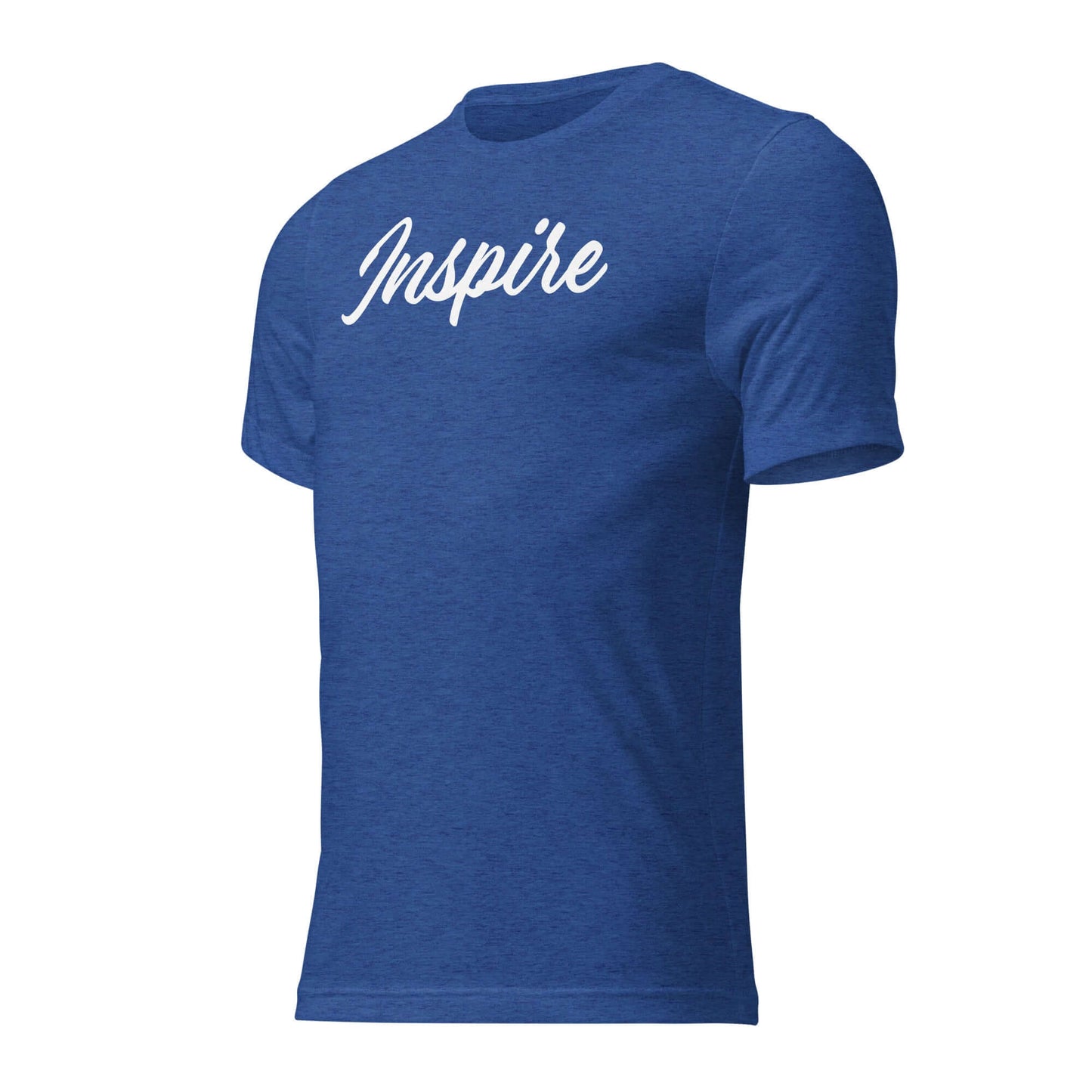 Women's blue t-shirt featuring the word 'Inspire' in elegant white script, perfect for uplifting your day.