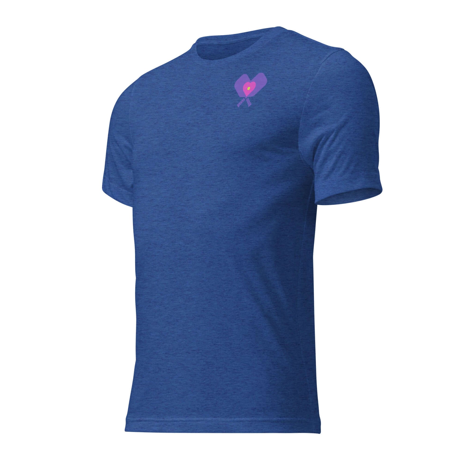 Blue short sleeve shirt with a pink heart pickleball graphic, perfect for women who love the game.