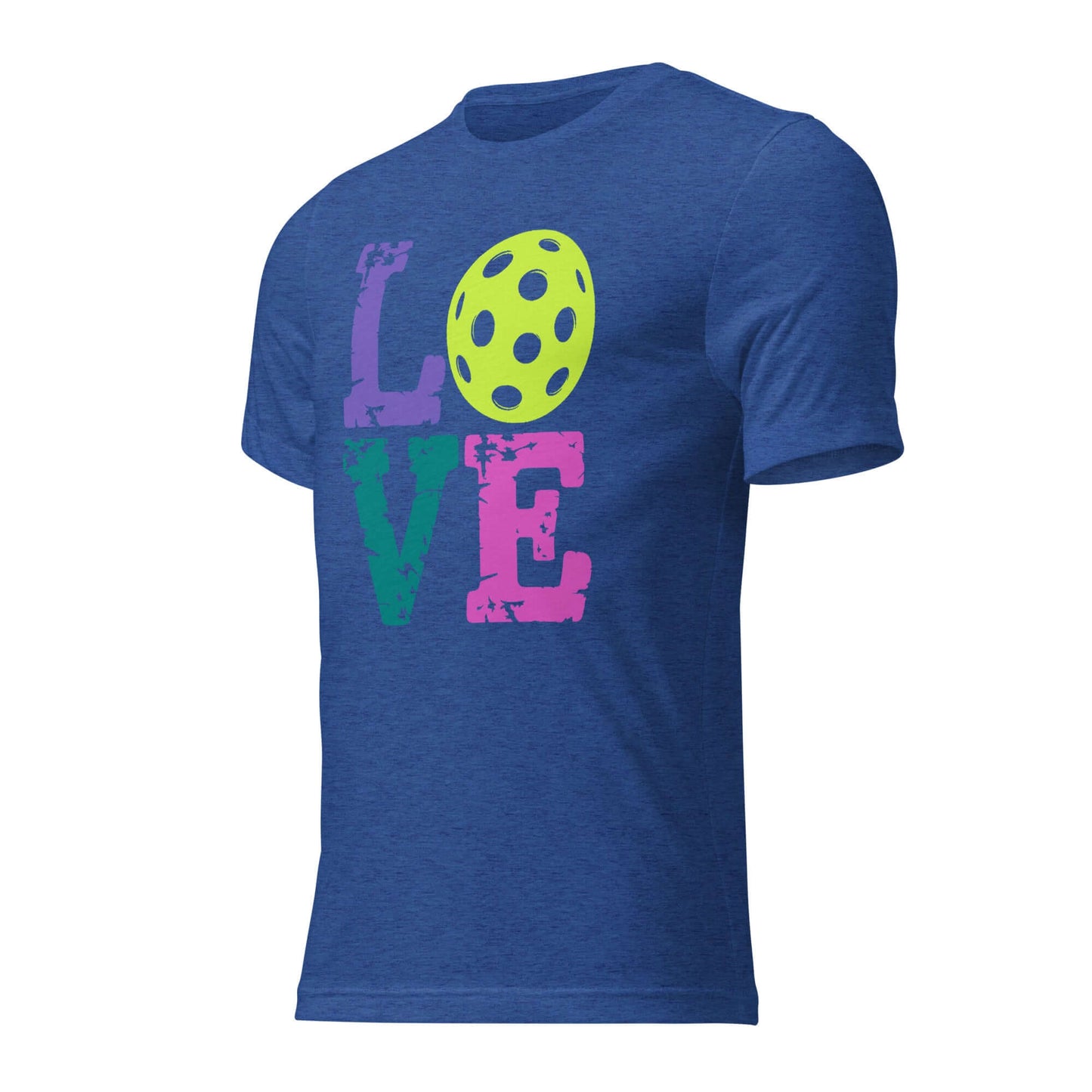 Women’s LOVE Pickleball Short Sleeve Shirt in blue with vibrant graphic design, perfect for pickleball enthusiasts.