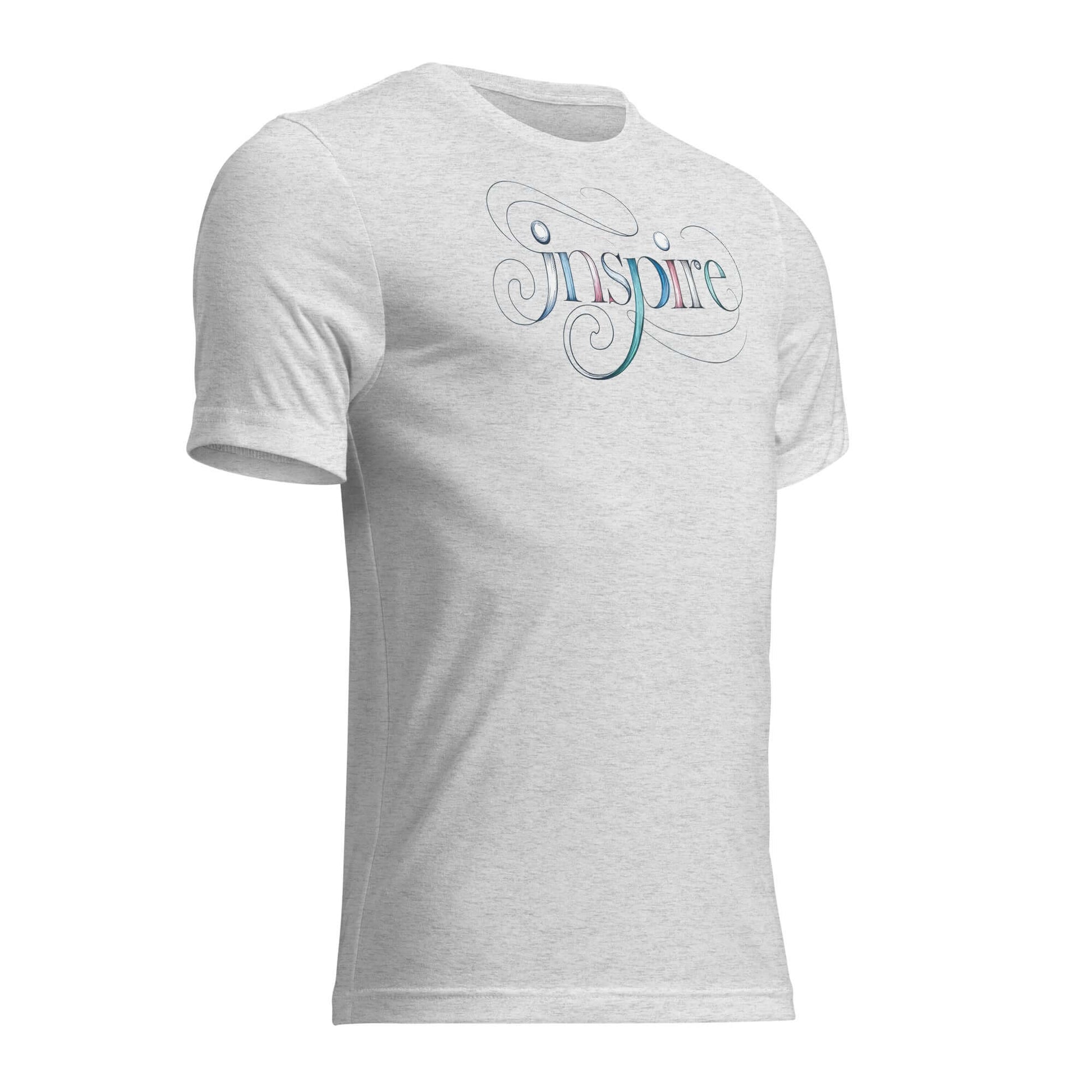 Women's grey short sleeve t-shirt featuring elegant "Inspire" word art design, symbolizing creativity and positivity.