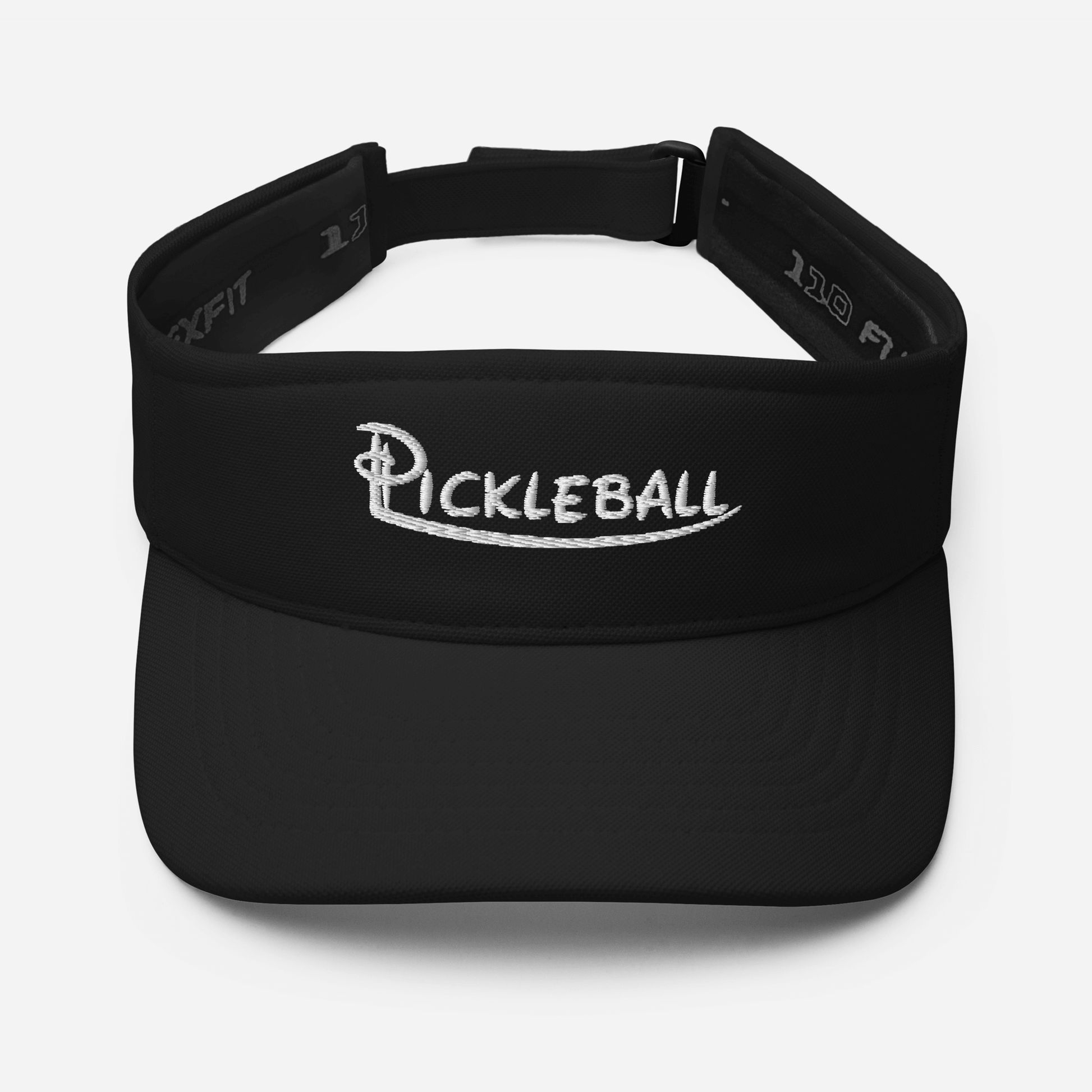 Black visor with embroidered "Pickleball" logo, adjustable band for a snug fit, made from durable polyester and spandex blend.