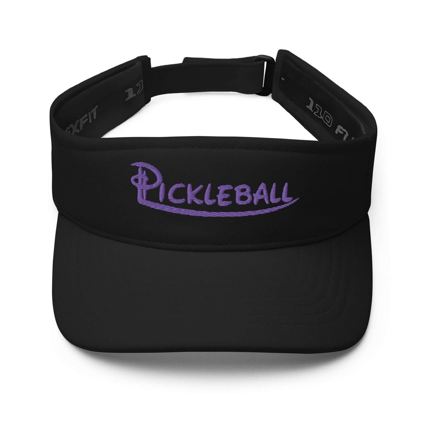 Black pickleball embroidered visor with adjustable strap, ideal for sports and outdoor activities.