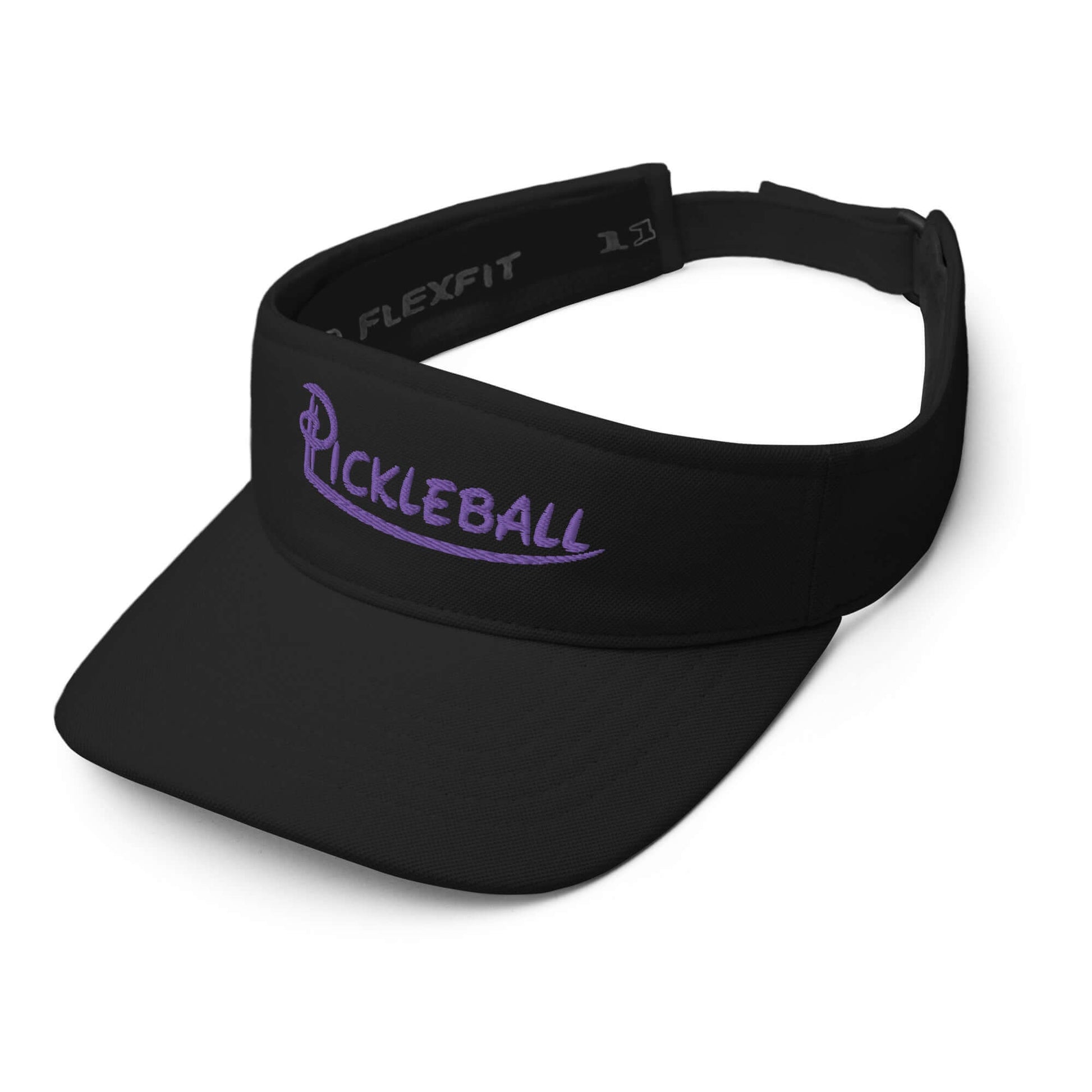 Pickleball embroidered adjustable black visor with purple logo, perfect for stylish performance on the court.