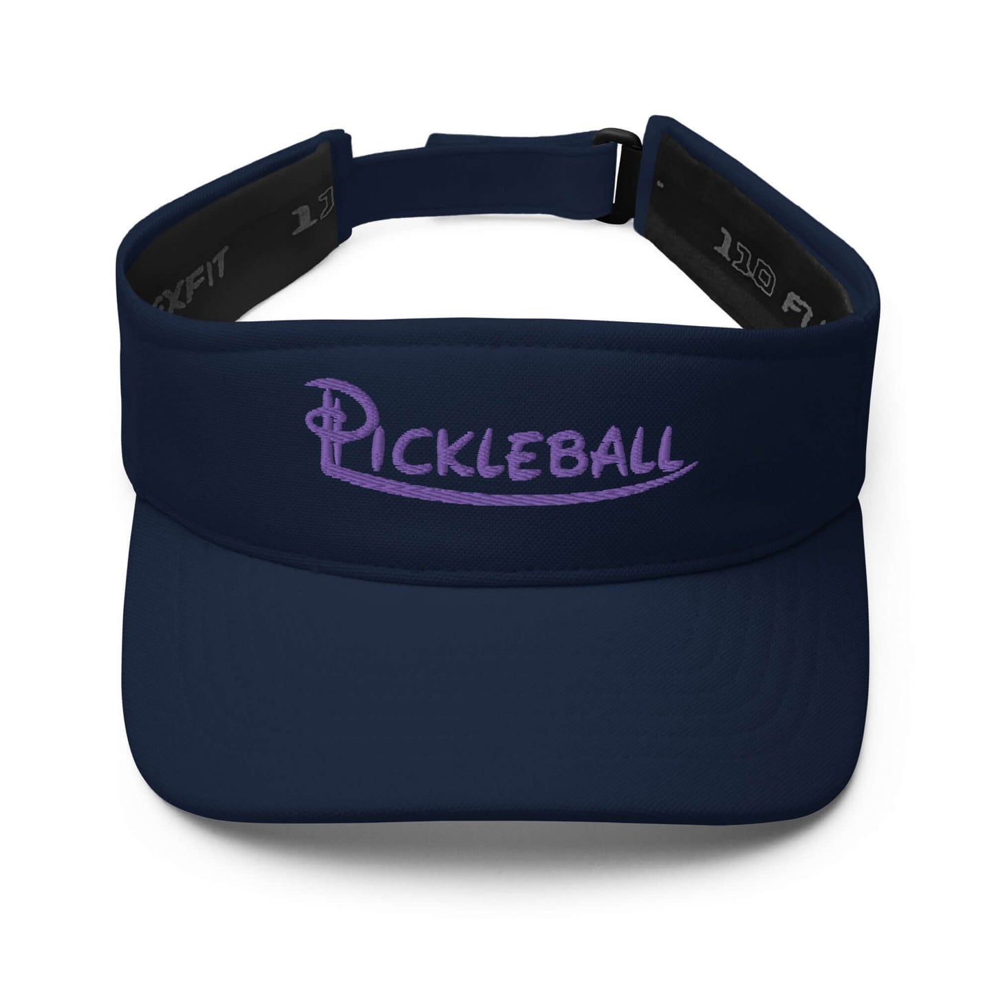 Navy pickleball visor with purple embroidery, adjustable strap, designed for style and comfort during pickleball matches.