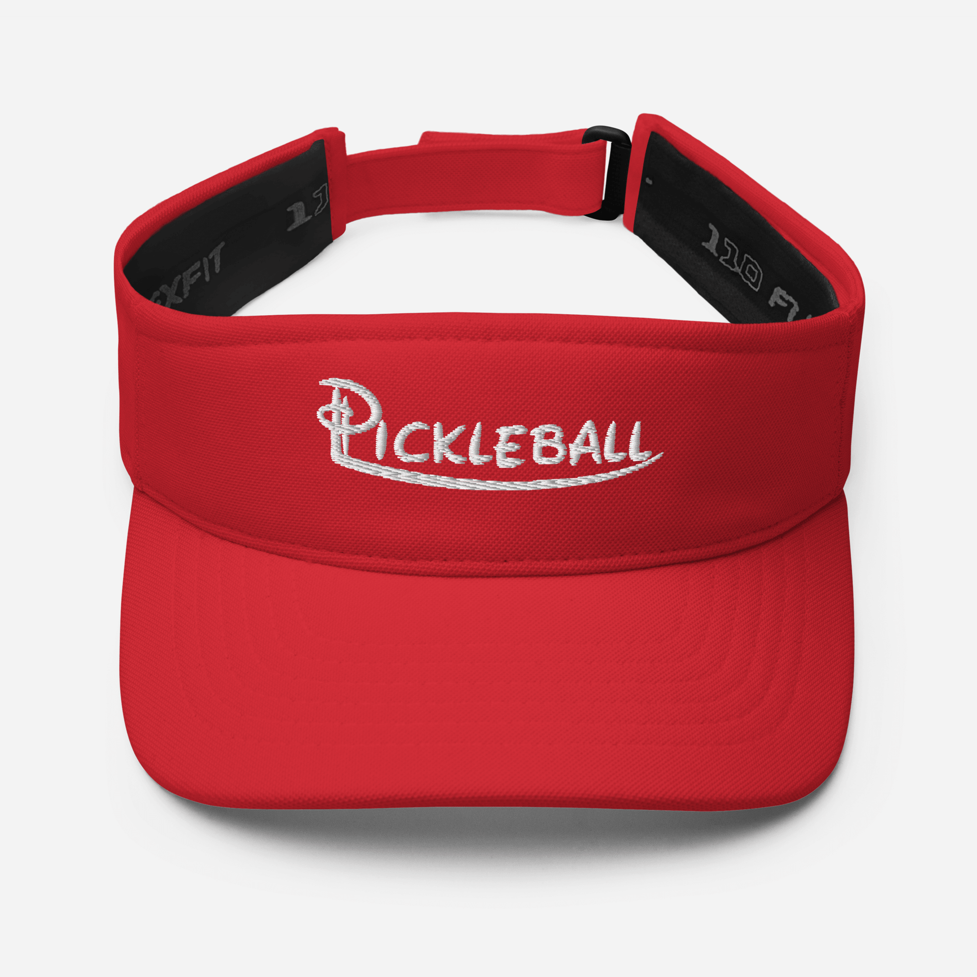 Red pickleball visor with embroidered text and adjustable strap, perfect for style and performance on the court.