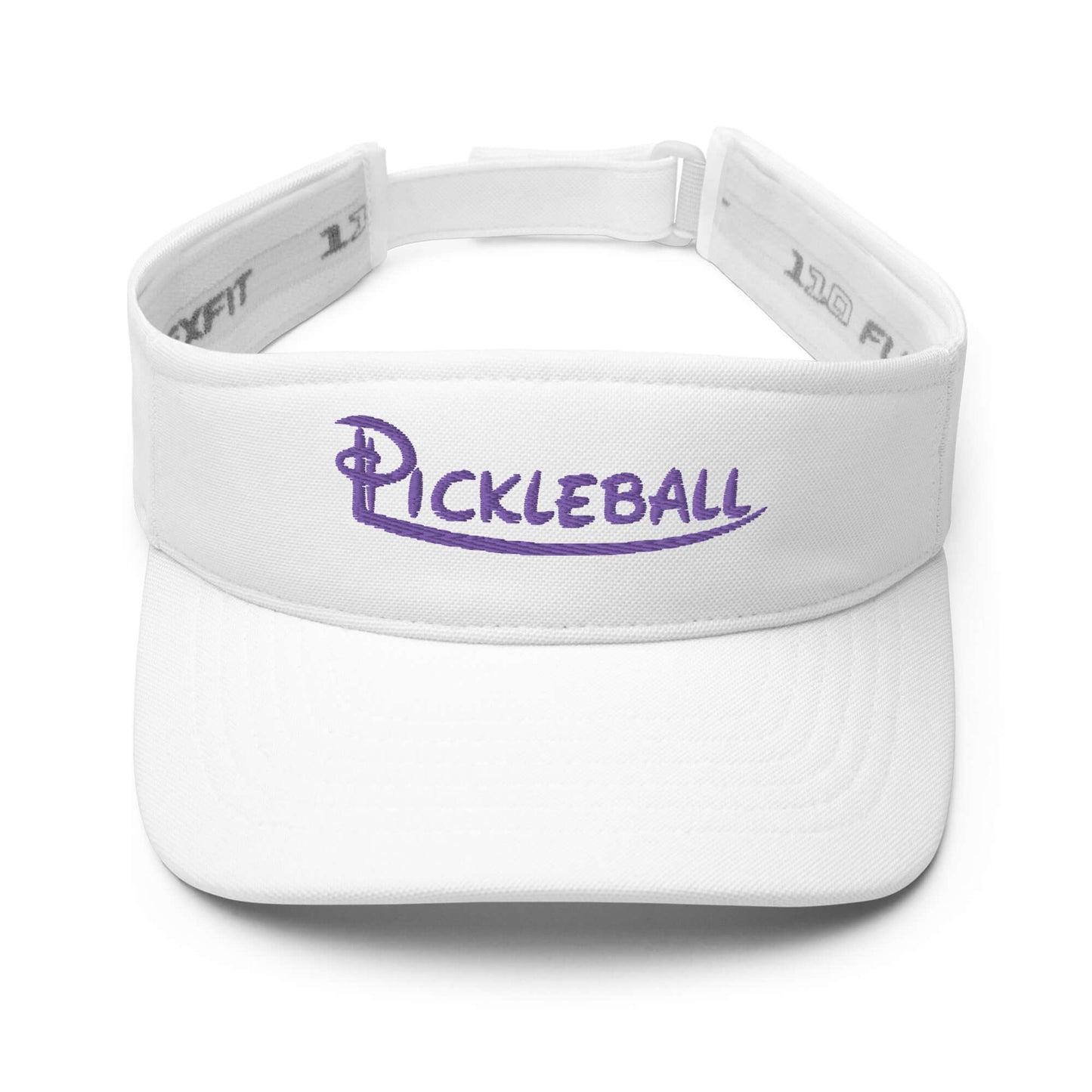 White pickleball embroidered visor with adjustable strap, featuring sleek design for comfort and performance.