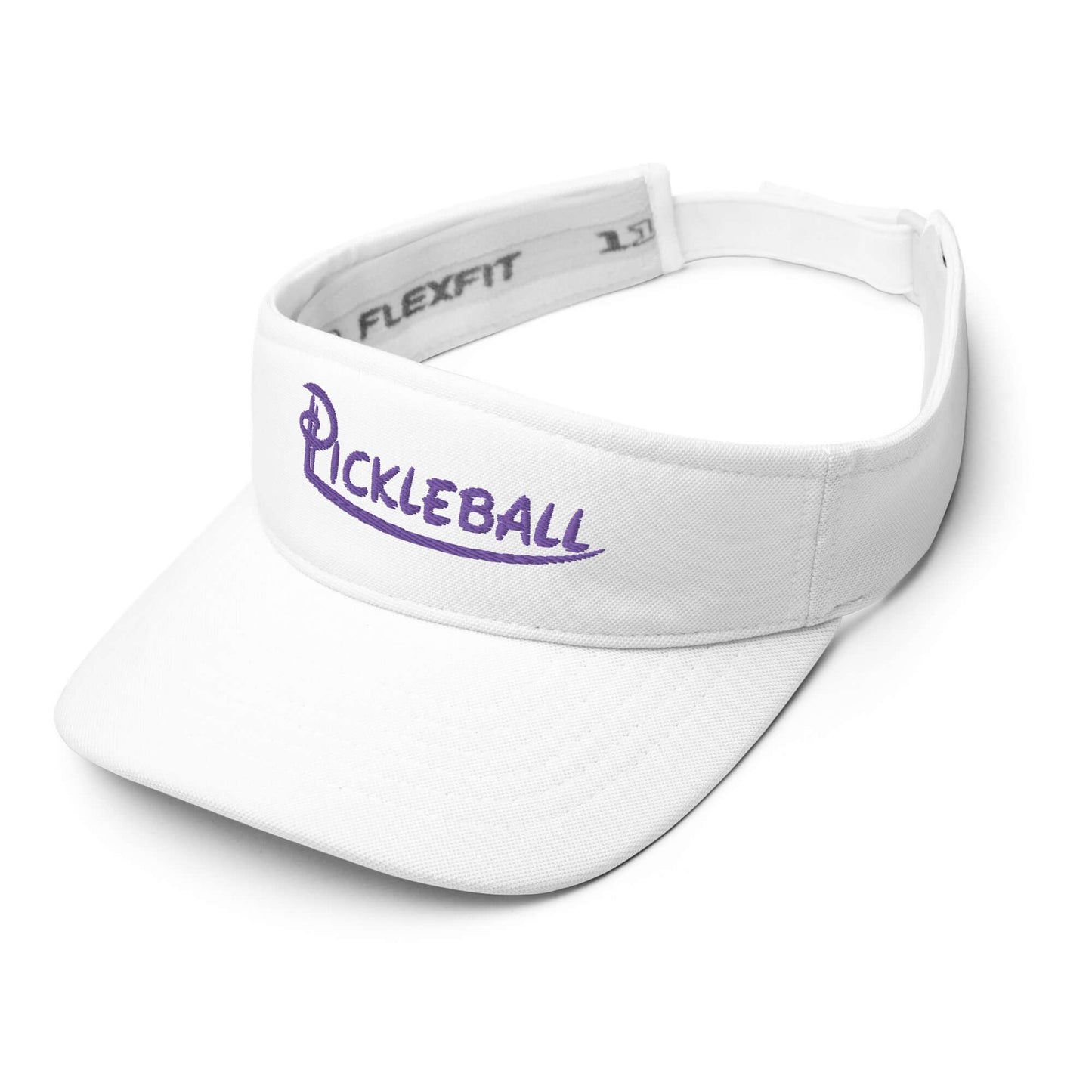 White Pickleball visor with purple embroidery, adjustable design for comfort and style.