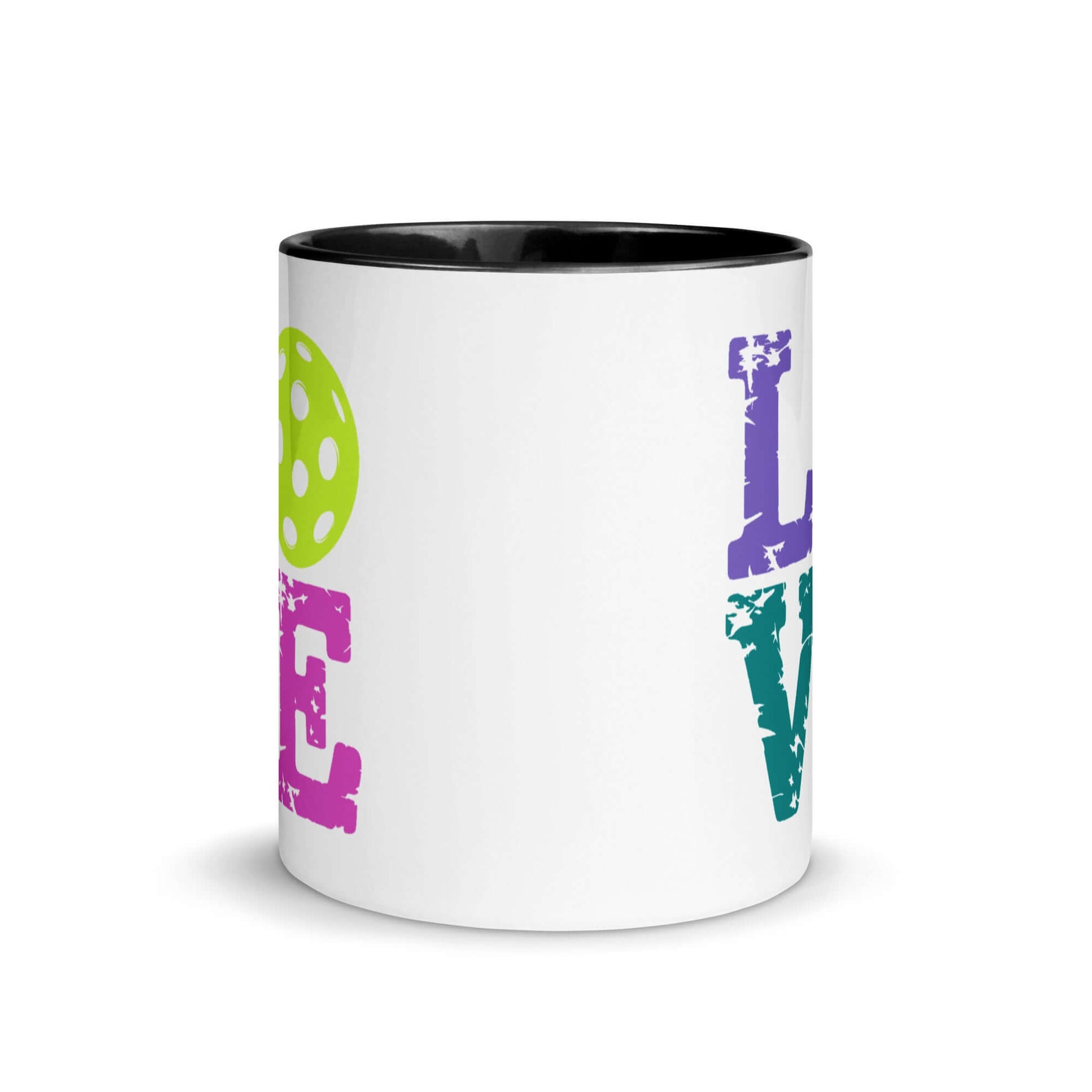 LOVE Pickleball Accent Mug featuring colorful design, ideal for pickleball enthusiasts to enjoy coffee or tea.