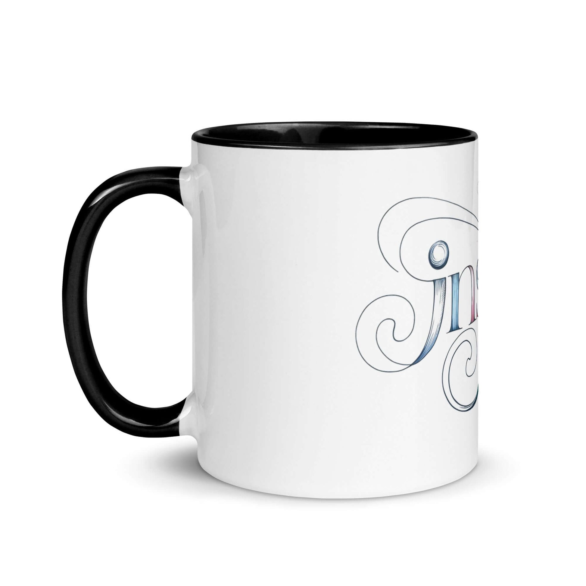 Inspire Sketch Mug with color inside, featuring elegant word art design showcasing the word "Inspire" with swirls.