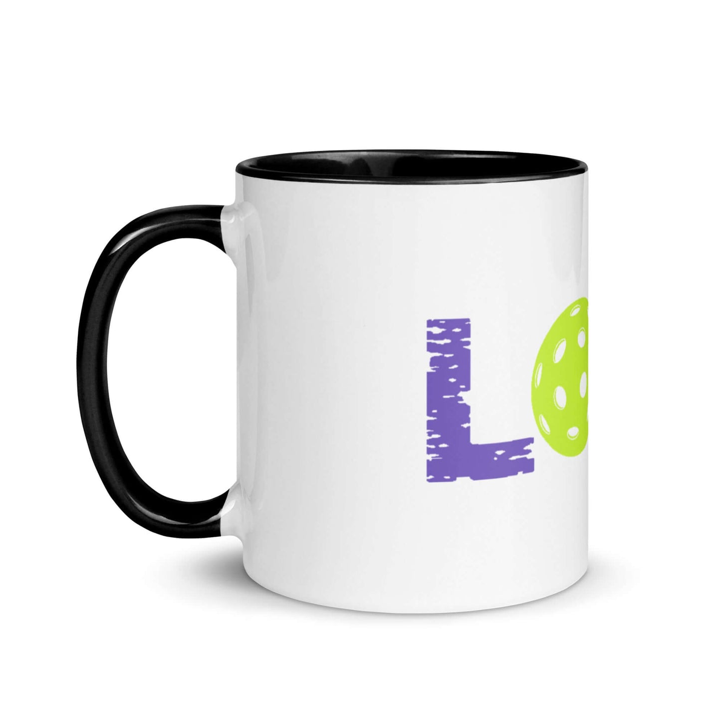 LOVE Pickleball Mug with black handle, vibrant colors, and playful design for enthusiasts and daily use.