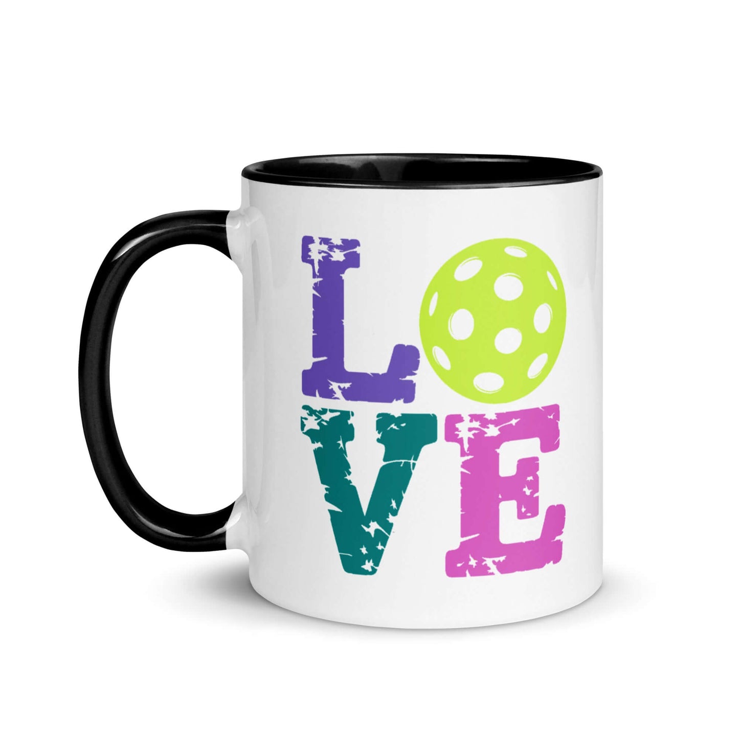 LOVE Pickleball Accent Mug with vibrant colors and a decorative pickleball design.