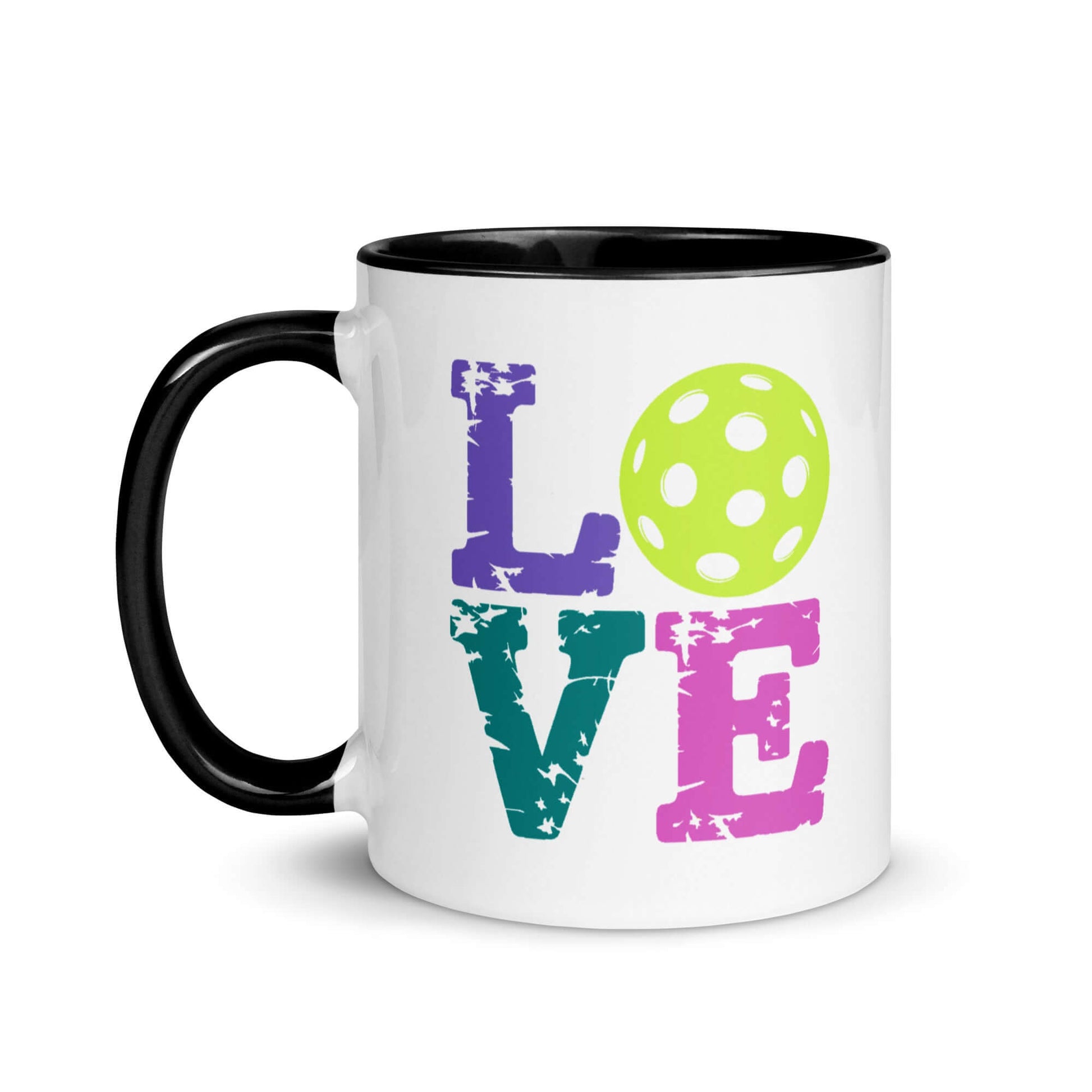 LOVE Pickleball Accent Mug with colorful letters and a green pickleball motif, perfect for pickleball enthusiasts.