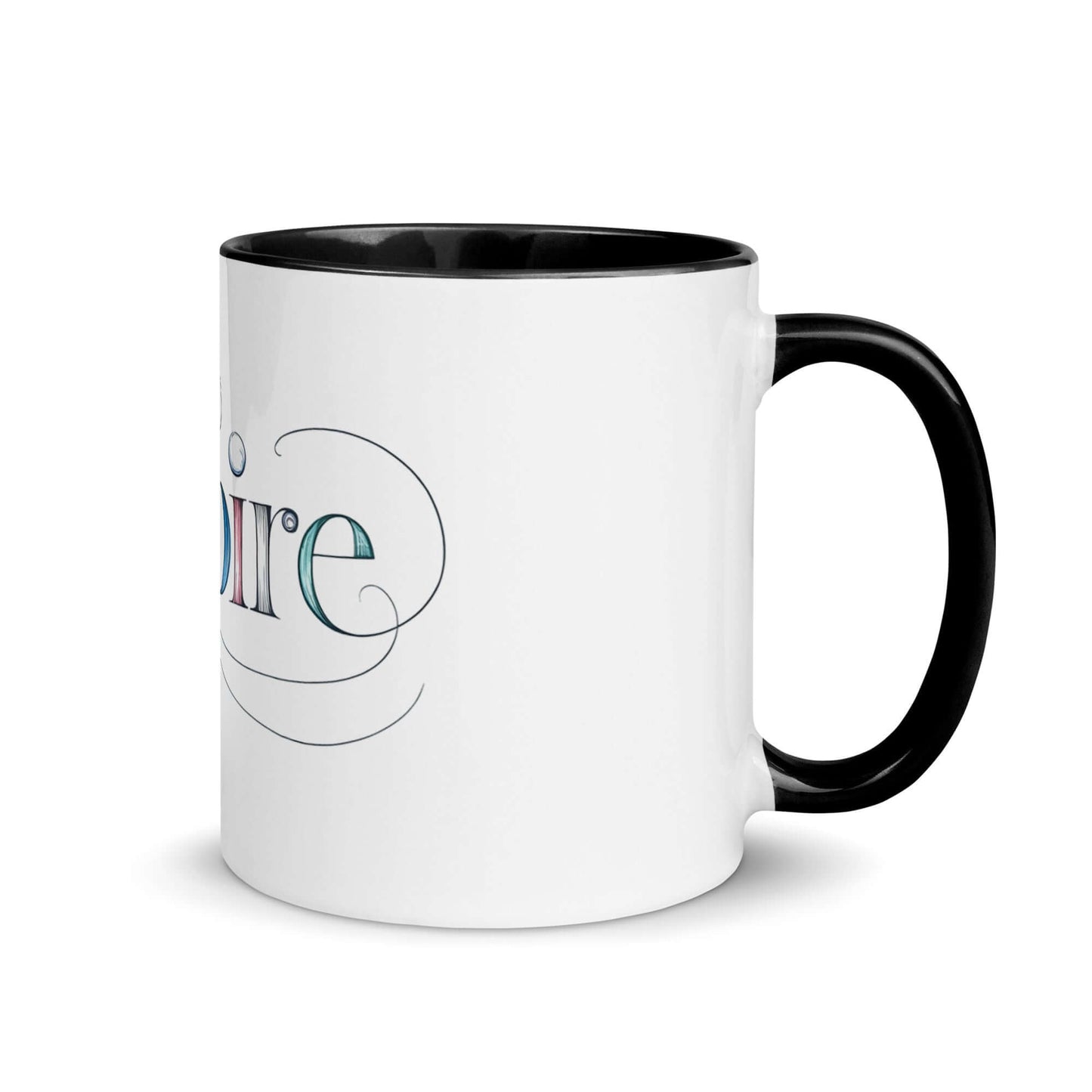 Inspire Sketch Mug with color inside, featuring elegant word art design and intricate swirls, perfect for vibrant mornings.