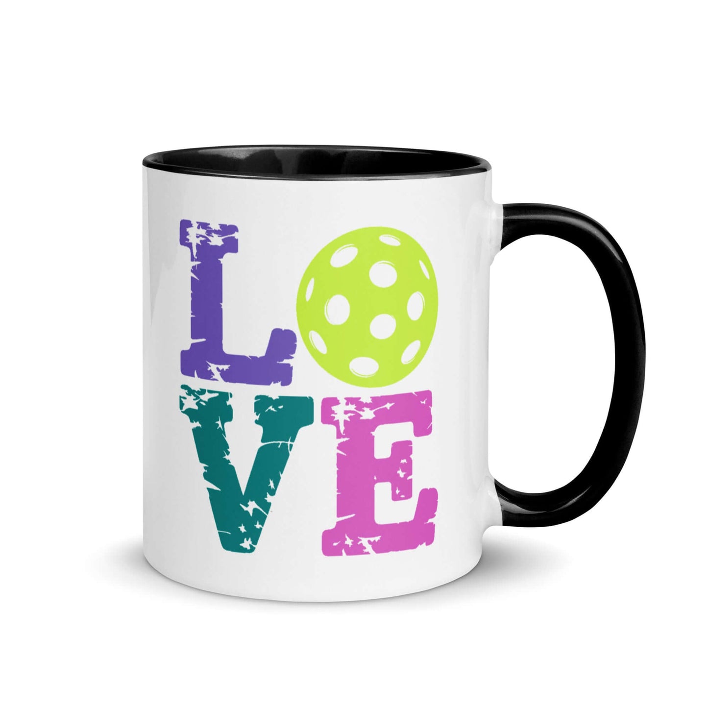 LOVE Pickleball Accent Mug featuring vibrant lettering and a green pickleball graphic.