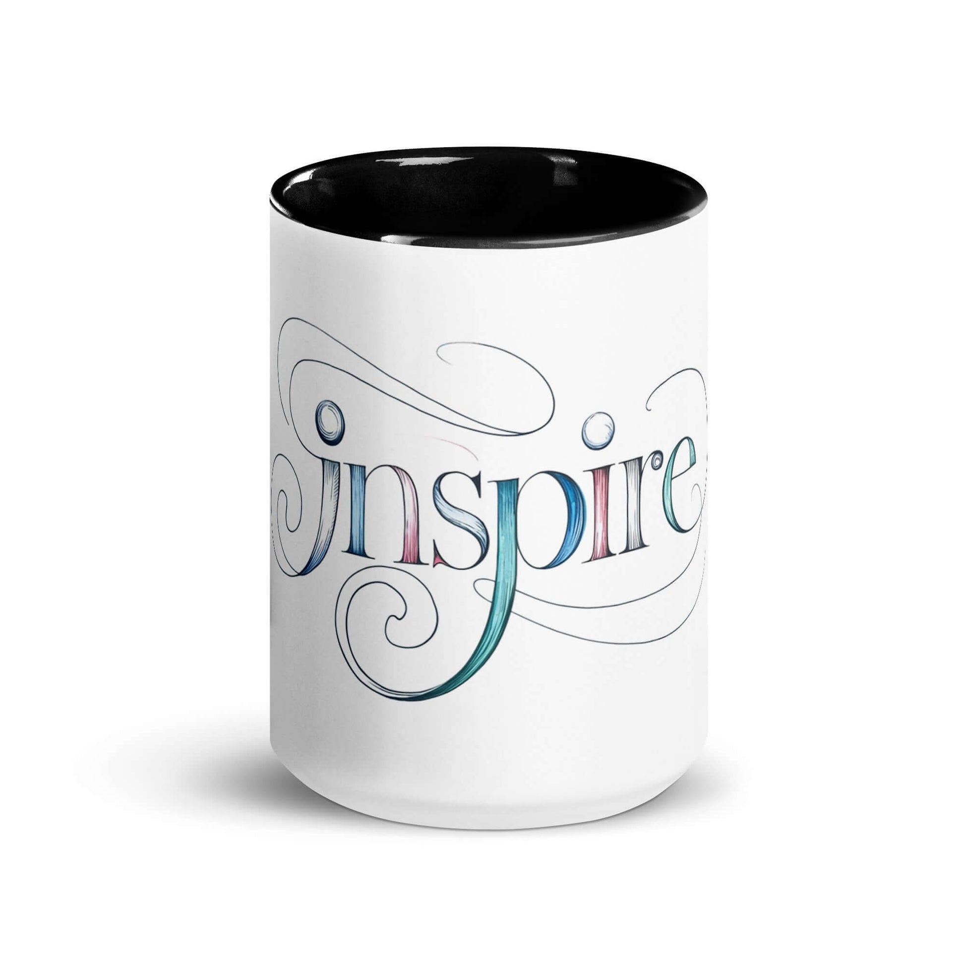 Inspire Sketch Mug with Color Inside showcasing artistic word design and intricate swirls, ideal for brightening mornings.